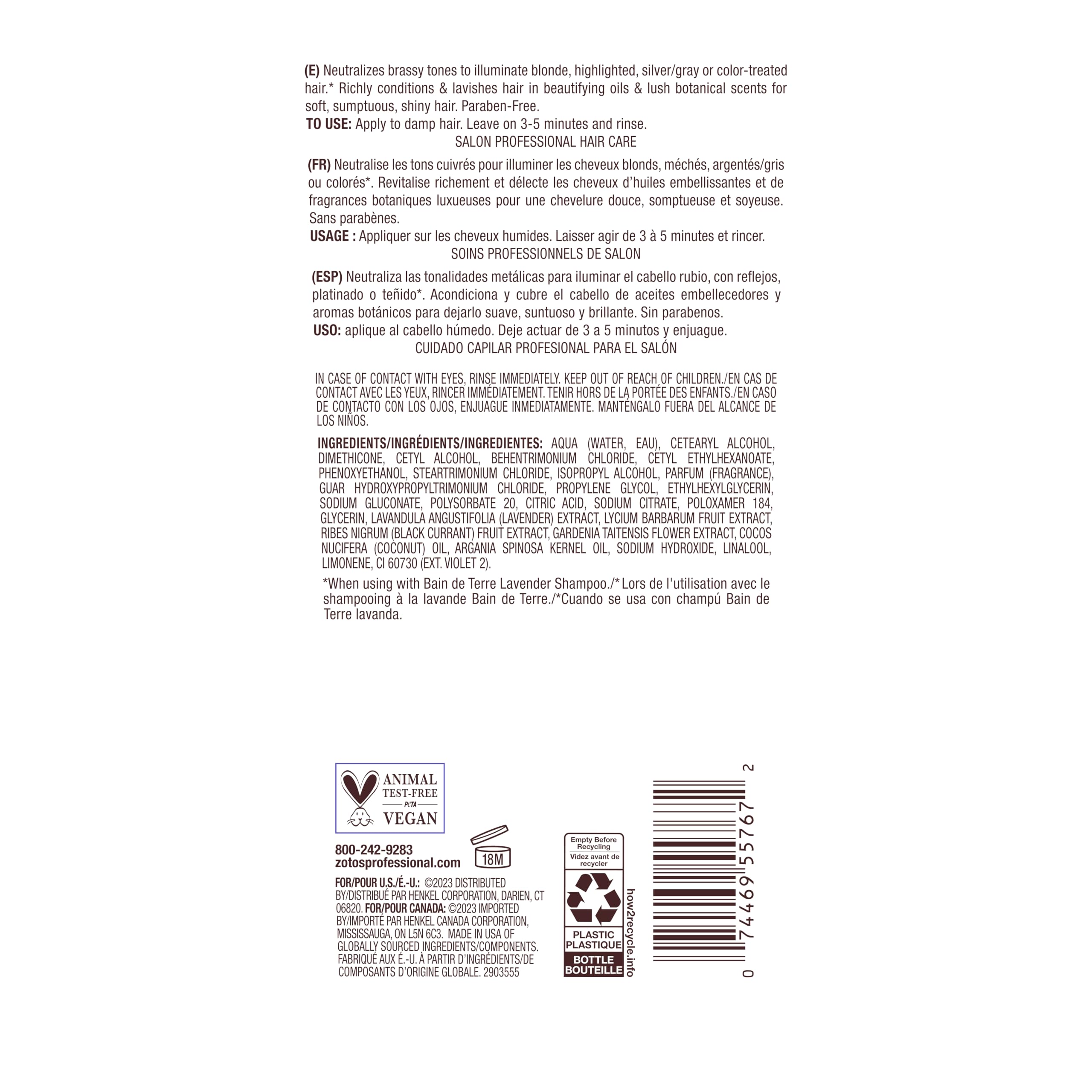 Bain de Terre Lavender Blonde Toning Conditioner, Neutralize Brassy Tones for Cool Blonde, Highlighted or Gray Hair, with Argan & Monoi Oils, Paraben-Free, Vegan,13.5 Fl Oz