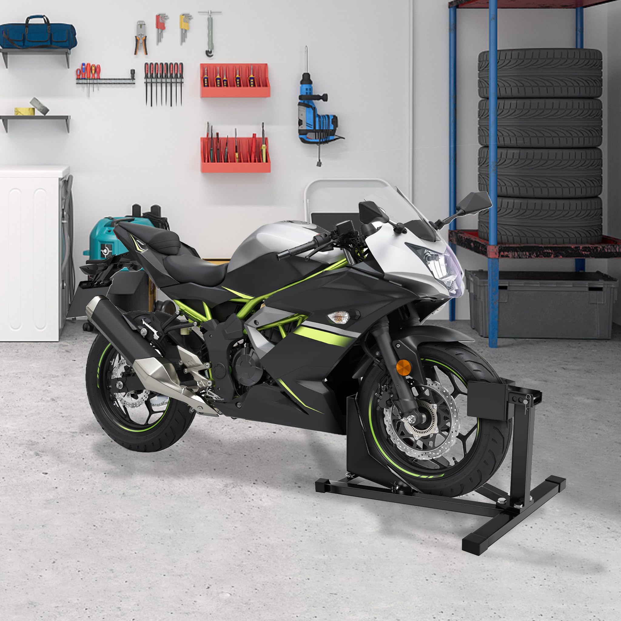 YRHome Stojak na motocykl, trójkątne przednie koło, stojak montażowy z antypoślizgowymi nóżkami, huśtawka motocyklowa, trzystopniowa regulacja, czarny lakier, do opon 13-17", 90-130 mm, idealny do