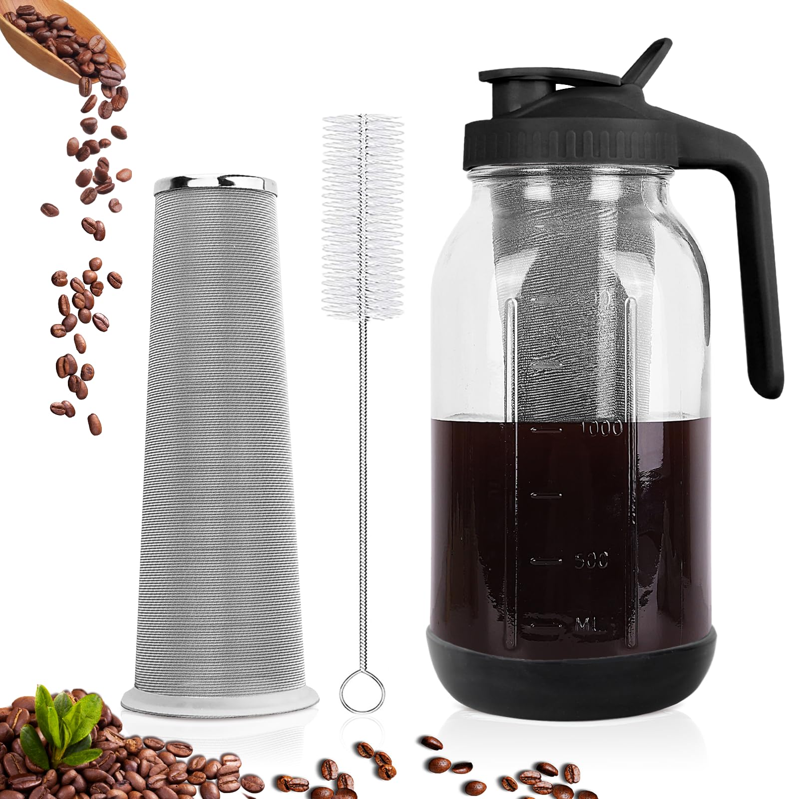 Cold Brew Coffee Maker, 64oz Mason Jar Pitcher with Stainless Steel Filter, Sealed, Leak-Proof Lid with Pour Spout &amp; Handle, Heavy Duty Glass Iced Coffee Tea Brewer with Non-Slip Silicone Base-Black