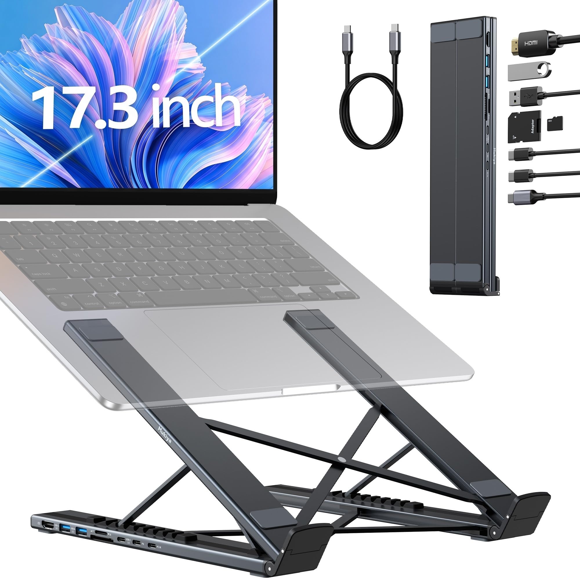 Mukiya Portable Laptop Stand with Docking Station, 8-in-1 USB-C Hub