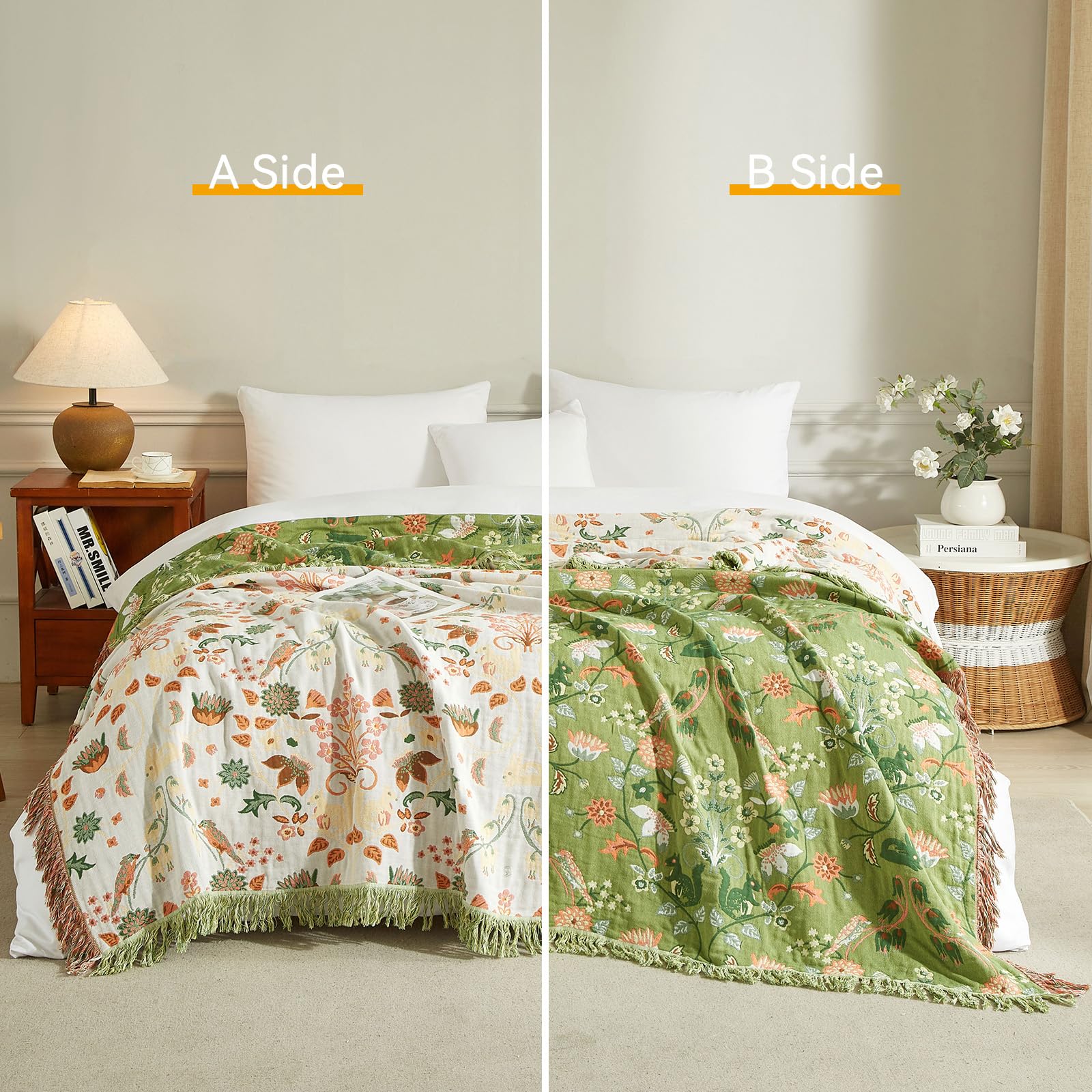 Bailix Narzuta w stylu boho, 100% bawełna, z frędzlami, dwustronny koc w stylu boho, 150 x 200 cm, przytulny koc na sofę i narzuta