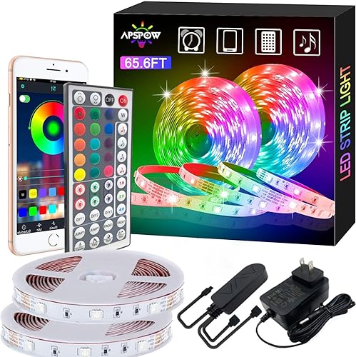 Tira de luces LED Tiras de luz LED de 65.6 pies, sincronización de música, luces LED que cambian de color, tira de luces LED Bluetooth con control