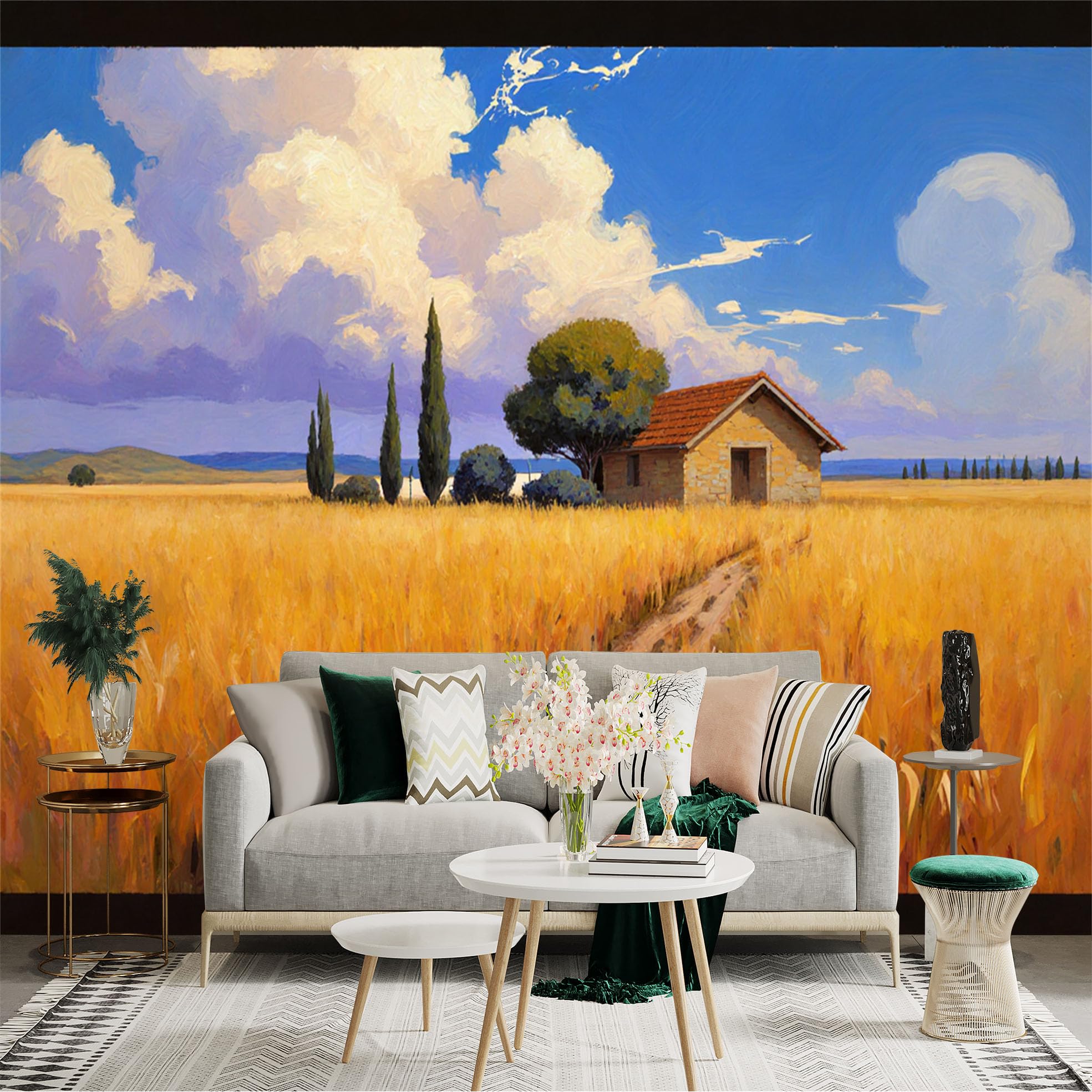 Lnzczhyre Xc260505110 Custom Size Wall Sticker Mural， Rustic Countryside Cottage， Golden Wheat Field， Blue Sky With Fluffy Clouds， Peaceful Rural Landscape， For Wall Decoration， Peelandstick Wall Decals.