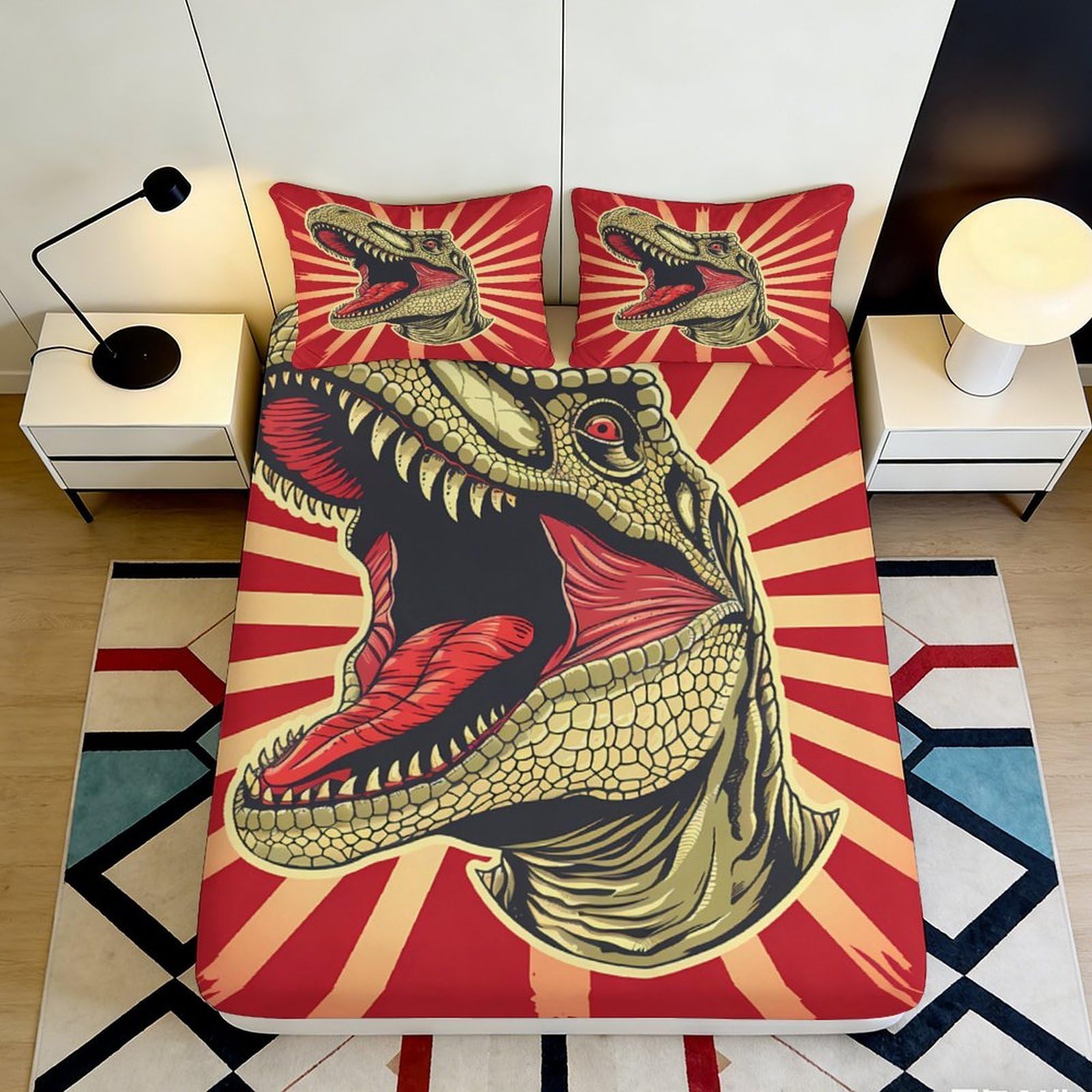 3D Printed Dinosaur Red Graphic Fitted Sheet Microfiber Durable Soft 3D Printed T-Rex Bed Cover for Bedroom Dormitory Guest Room Mattress Protection 120x200x25cm