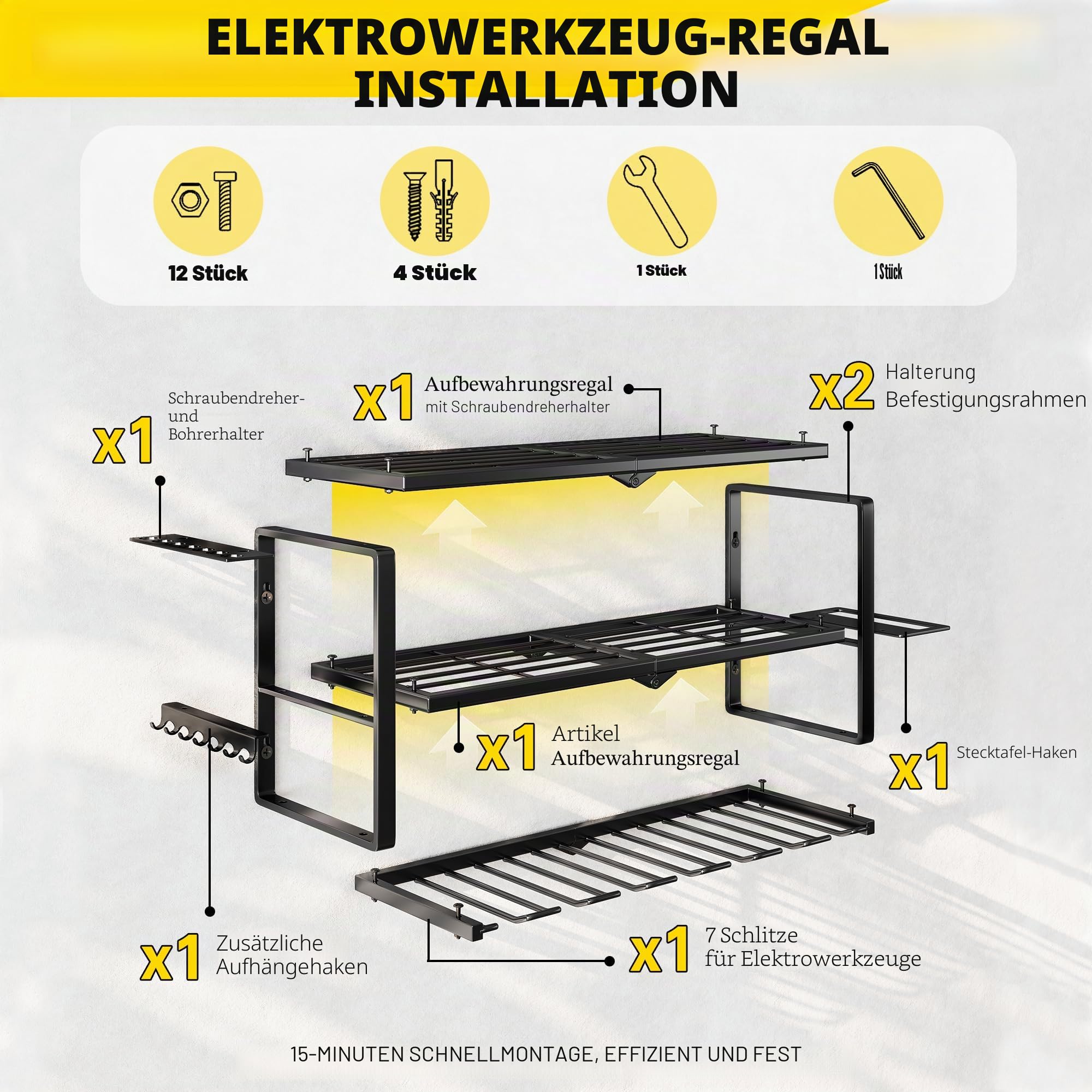 Wandhalterung für Elektrowerkzeuge 3-Etagen-Werkzeugorganizer 7 Bohrerschächte Tragkraft 68 kg Stabile Eisen-Aufbewahrung