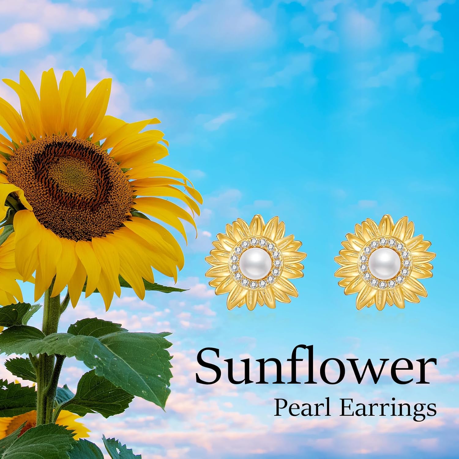 Sunflower Stud Earrings for Women Sterling Silver Freshwater Pearl Earrings You are My Sunshine Earrings Flower Stud Earrings Sunflower Jewelry Gifts for Wife - Image 6