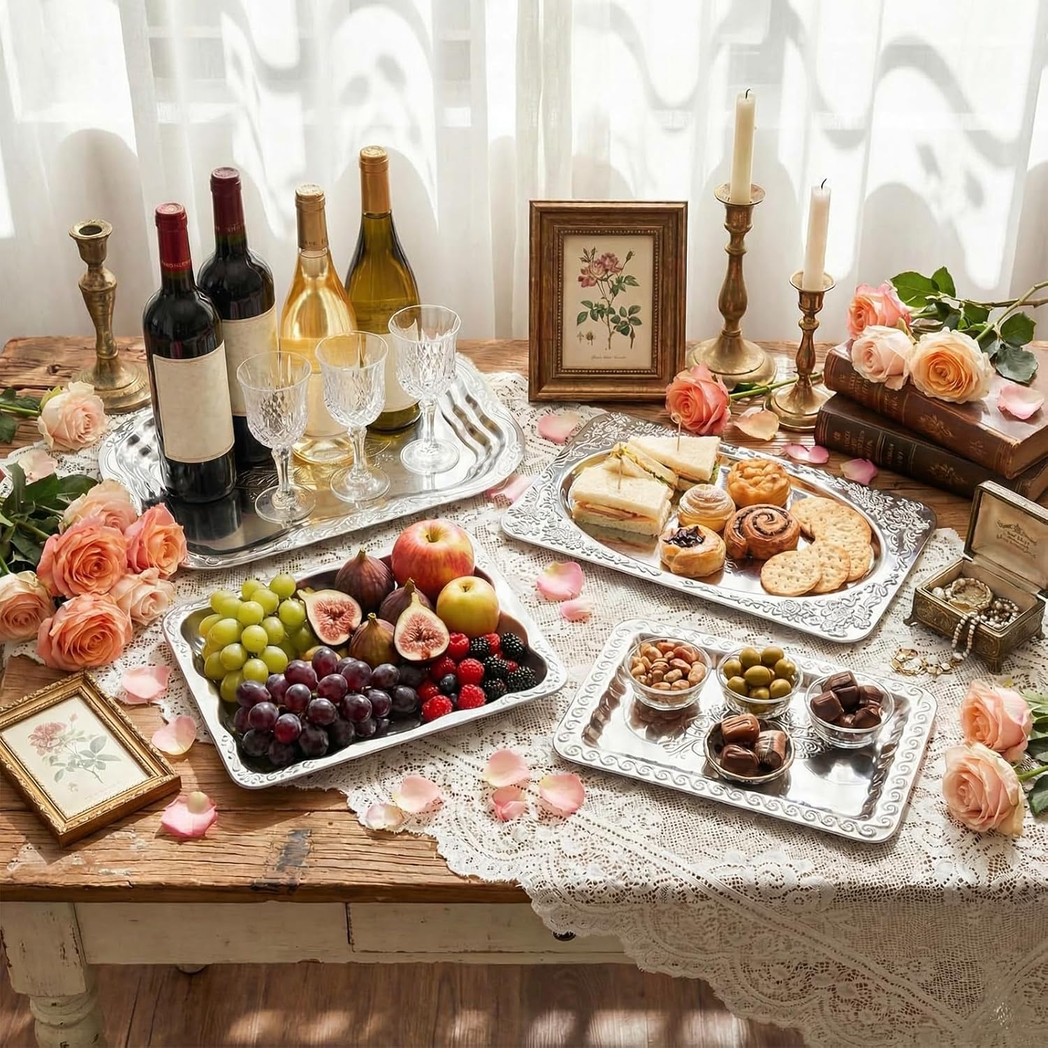 Rtteri 4 Pack Silver Serving Trays Set Stainless Steel Floral Engraved Mirror Decorative Tray Vintage Metal Party Platters for Charcuterie Desserts Snacks Fruits Jewelry Wedding Party Home Display