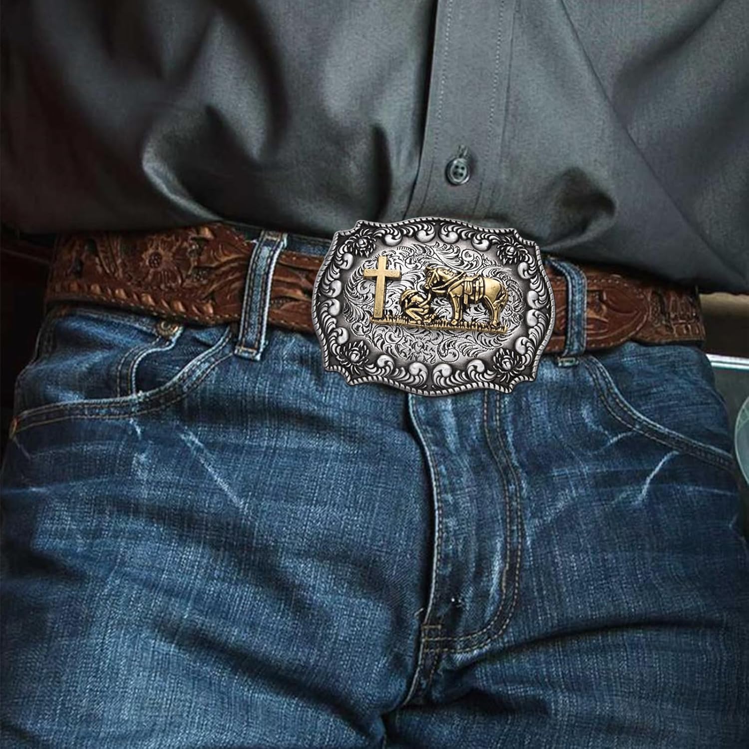 Western Cowboy Prayer Horse Cross Religious Belt Buckle for Men, Vintage for Husband & Boys