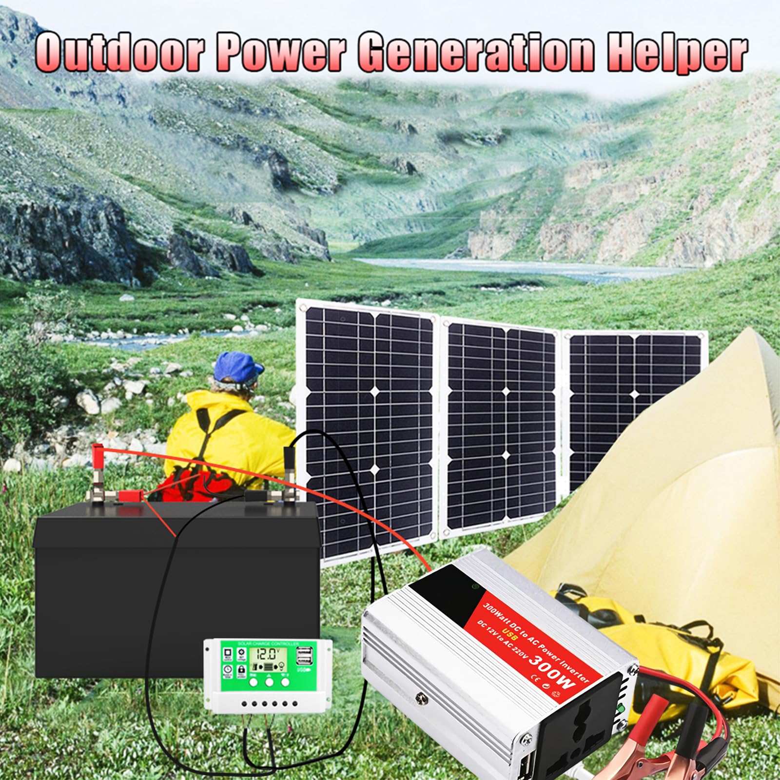 Wohnmobil-Solarstrom-Set, 300 W Wechselrichter + 50 W 18 V Panel mit 50 A Controller – Ideal for Wohnmobile/Boote/Camping(75W)