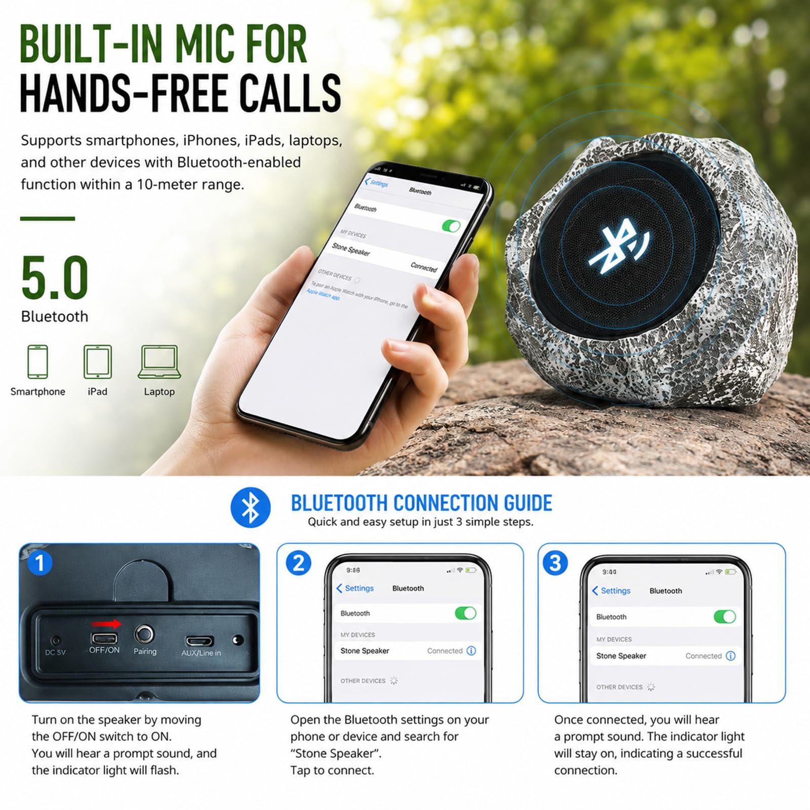 Enceintes Bluetooth étanches énergie Solaire extérieur, Gris | Rechargeable solaire et USB, Design pierre réaliste, Audio basses profondes, Pour jardin, terrasse, cour, pelouse