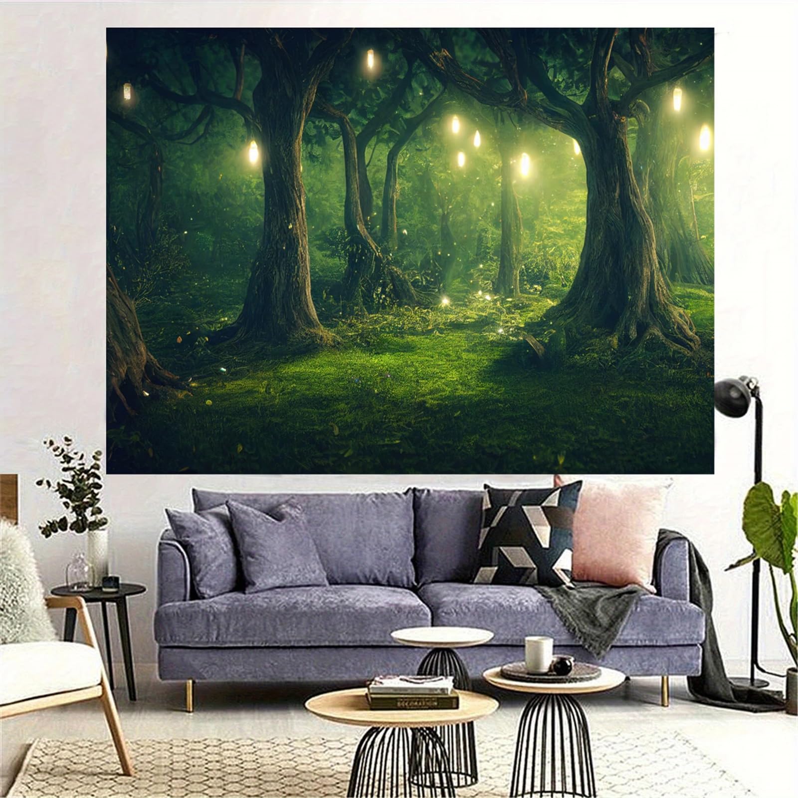BCughia Dekoracja ścienna 200 x 200 cm, dywan ścienny, zielone drzewo, gobelin, noc, las, chusta na ścianę, natura, krajobraz, dekoracja ścienna do salonu, sypialni