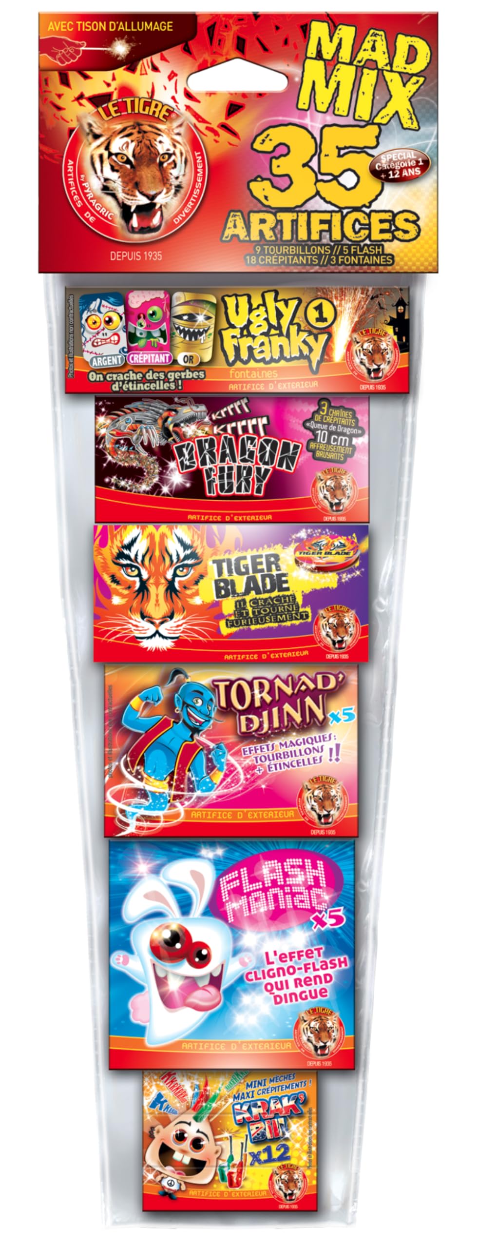 SPARKLERS CLUB Assortiment de 35 PETARDS et Feux d'artifice MAD Mix 6 Sortes de Petits artifices pour s'amuser. 6 boîtes. Idéal pour Vos évènements, pour Enfant & Adulte, Effet Garanti - Catégorie F1