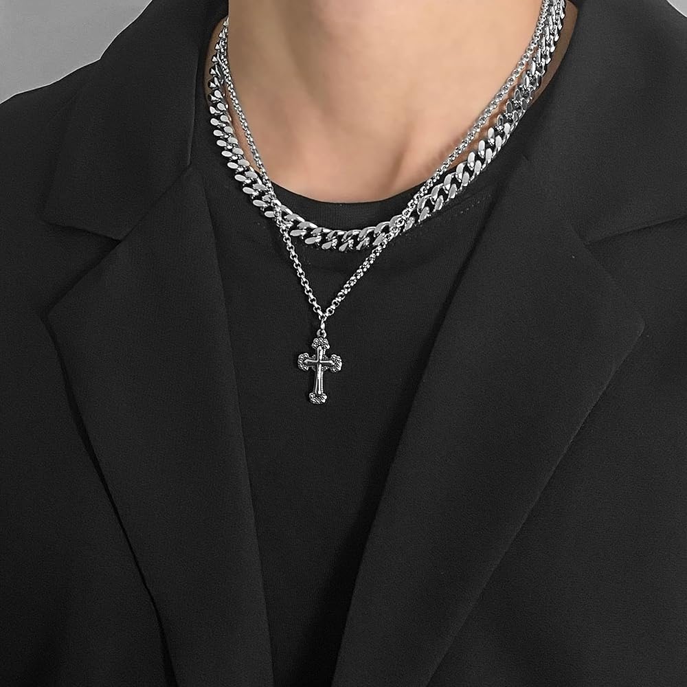 Amazon | Rockyu ネックレス メンズ ブランド 人気 2連チェーン十字架