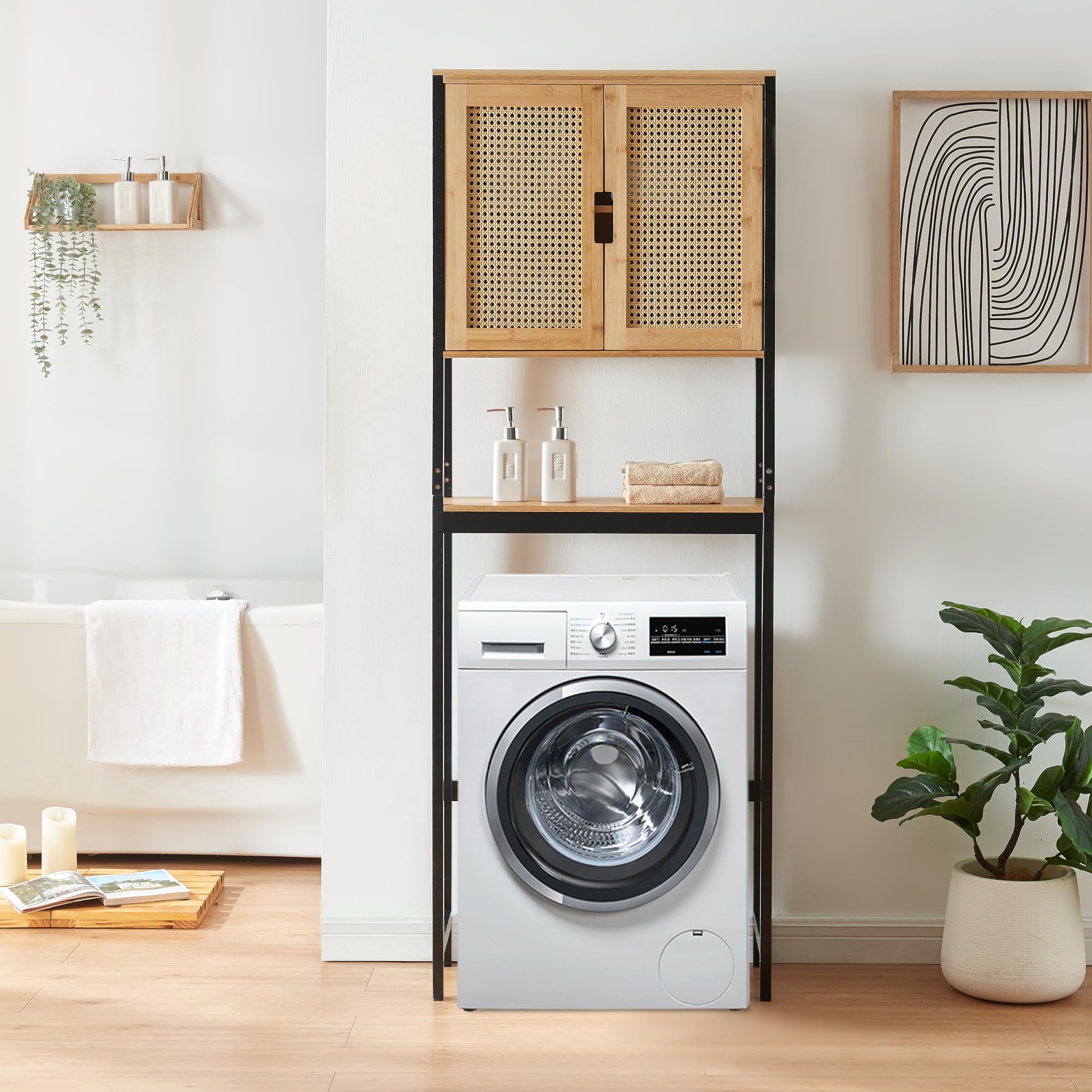 [en.casa] Toilettenregal Tervola Toilettenschrank Waschmaschinenschrank mit 2 Türen in Rattanoptik 172 x 63 x 27 cm Badregal Bambus Überbauschrank Schwarz und Naturfarben
