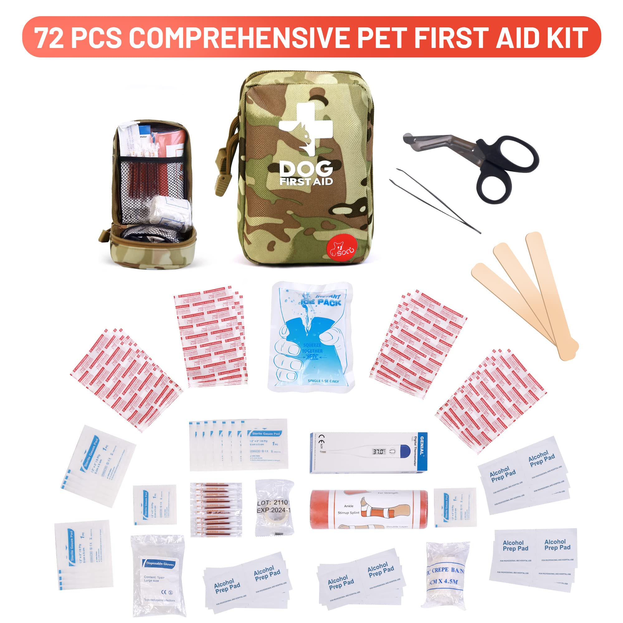 Kit de Premiers Secours pour Chiens,Chats,Lapins et Petits Animaux, Produits sanitaires pour Chiens, Parfait pour Les Soins à Domicile et Les urgences Lors de Voyages à l'extérieur,72 pièces incluses