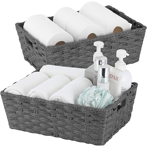 Onlytak Large Wicker Storage Basket, Metal Frame, Set of 2, Washable Waterproof, 15" x 10.3" x 5.2", Dark Grey Color, Woven Basket for Pantry, Toilet, Bathroom, Bedroom, Patio