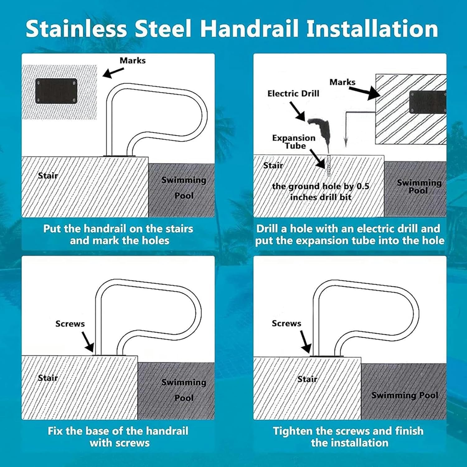304 Stainless Steel Pool Hand Rail, Pool Safety Handrail with Blue Grip Cover Anti-Slip Swimming Pools Rail for Ramp Entrances,(Silver,2PCS)