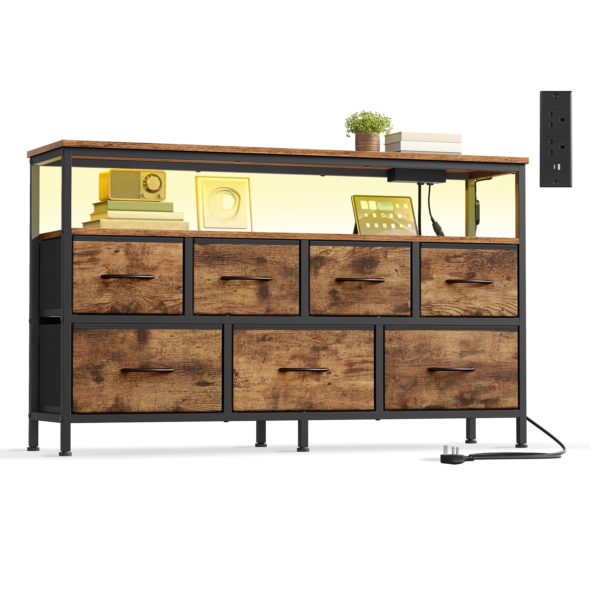 SONGMICS Chest of Drawers with App-Controlled Adjustable LED Lights, Dresser Unit with Charging Station, 1 Shelf, 7 Drawers, Industrial, Rustic Brown and Ink Black BELLAH Collection LGS733KD03