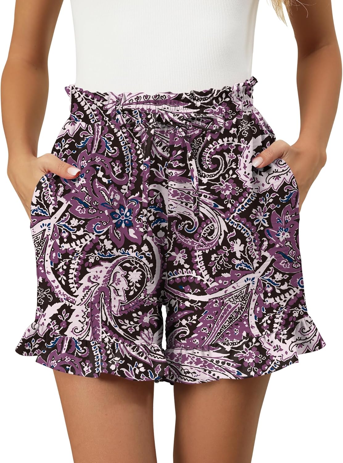 IECCP Women's Shorts 2026 Summer Casual Cute Ruffle Shorts Comfy Elastic Waist Drawstring Pleated Short with Pockets