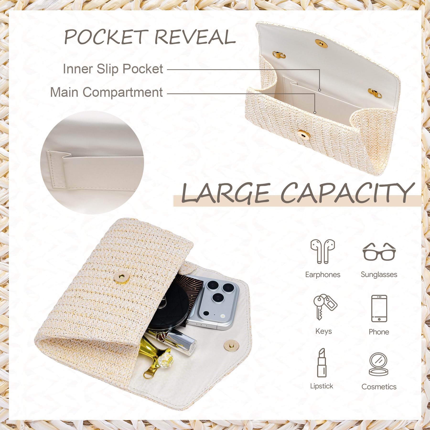 Pochettes et Clutches Femme en Paille, Enveloppe Sac Paille de Plage à Bohèmes Tissé, Petit Pochette Mariage Femme avce Chaîne, Élégante Sac à Main Bandoulière Ete pour Ceremonie Vacances Prom