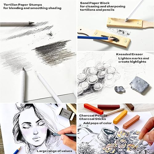 Miniatura 7 de ArtSkills Kit de bocetos, juegos de arte para adultos con juego de lápices y suministros de arte de carbón, lápices de sombreado para dibujar,