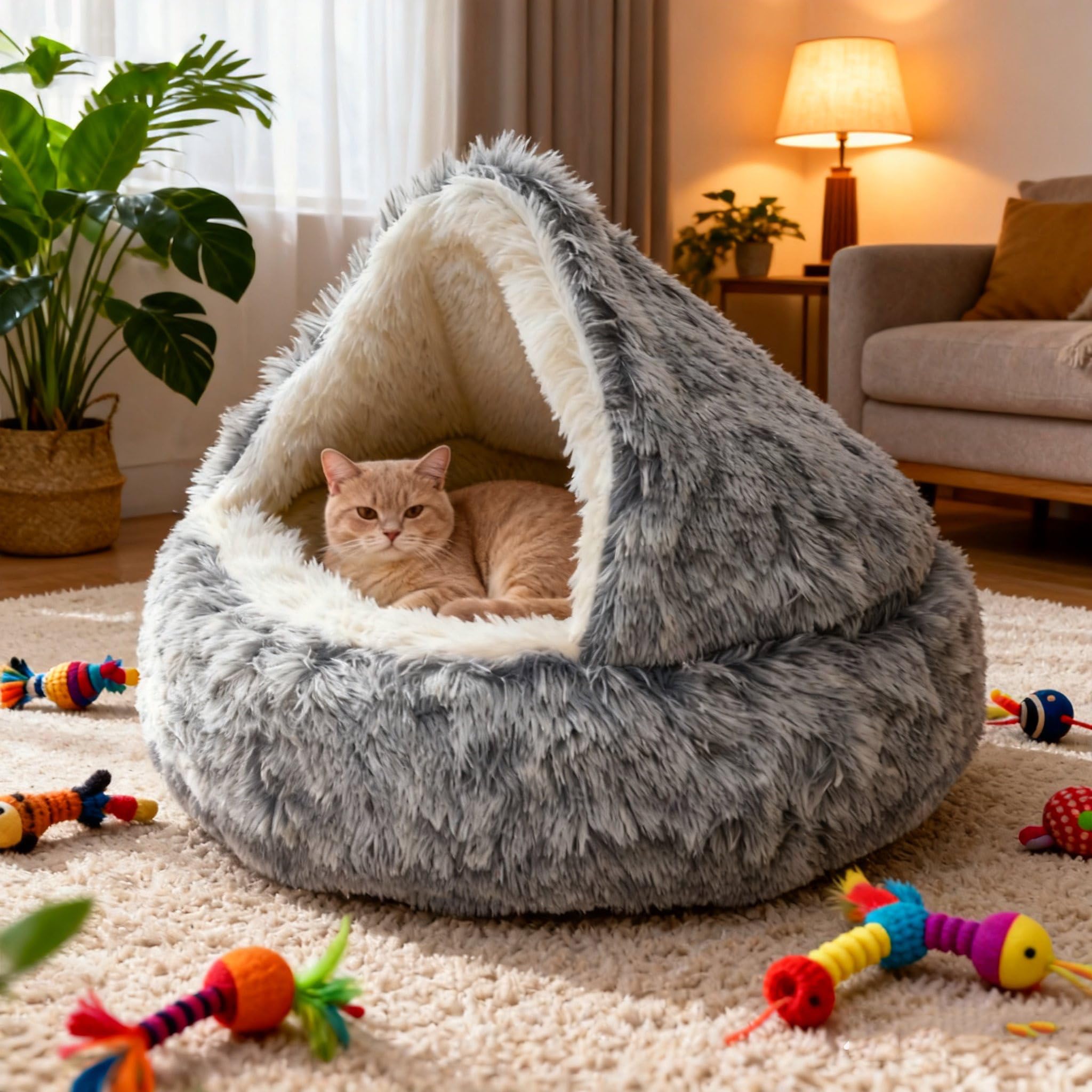 65cm Ø Cama de Felpa Calmante para Gatos y Perros Cueva de Cama de Gato Cama de Perro CóModo Y CáLida en Forma de Concha Sofá de Mascota Antideslizante para Gato Y Perros Medianos Pequeños