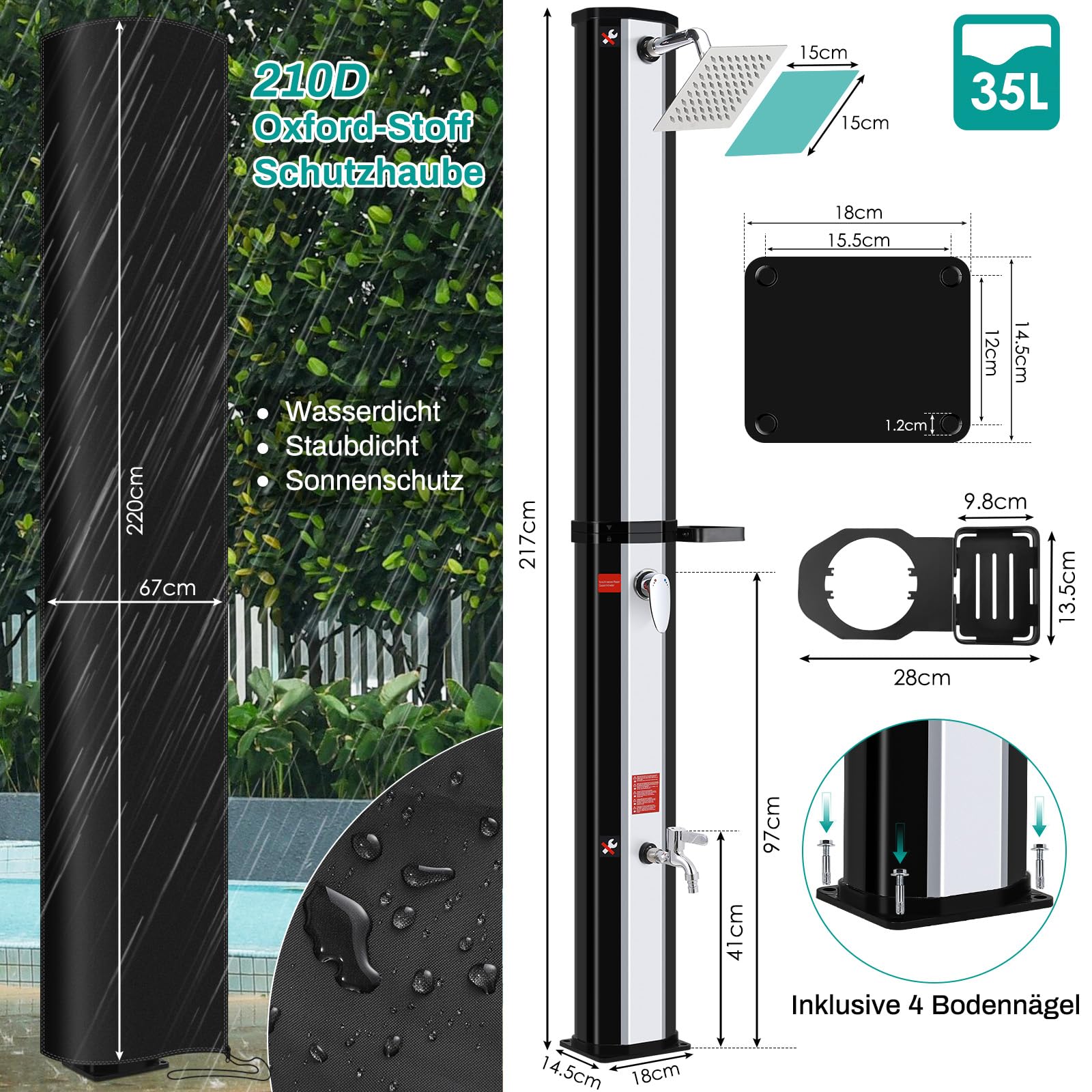 Solardusche 35 L, Gartendusche Warmwasser bis 60°C, mit Regenduschkopf, Wasserhahn, Seifenkiste & Schutzhaube, 4PCS Bodennägel, Pooldusche Camping für Garten, Balkon & Pool, ohne Stromanschluss