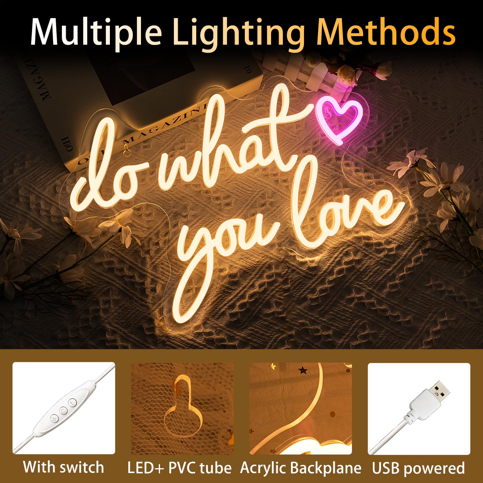 Do What You Love Neonlicht Schriftzug, Warmweiß Neon Schild für Wand Dekor, USB betrieben Neon Led Schild Leuchtreklame für Schlafzimmer, Wohnkultur, Büro