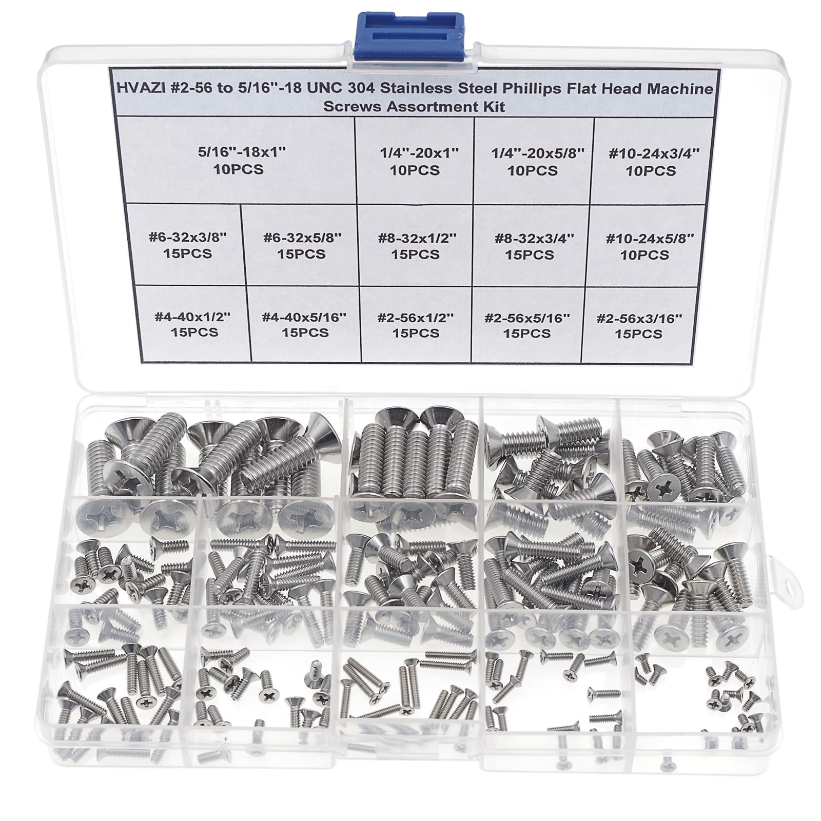 #2-56 to 5/16"-18 UNC 304 Stainless Steel Phillips Flat Head Machine Screws Assortment Kit