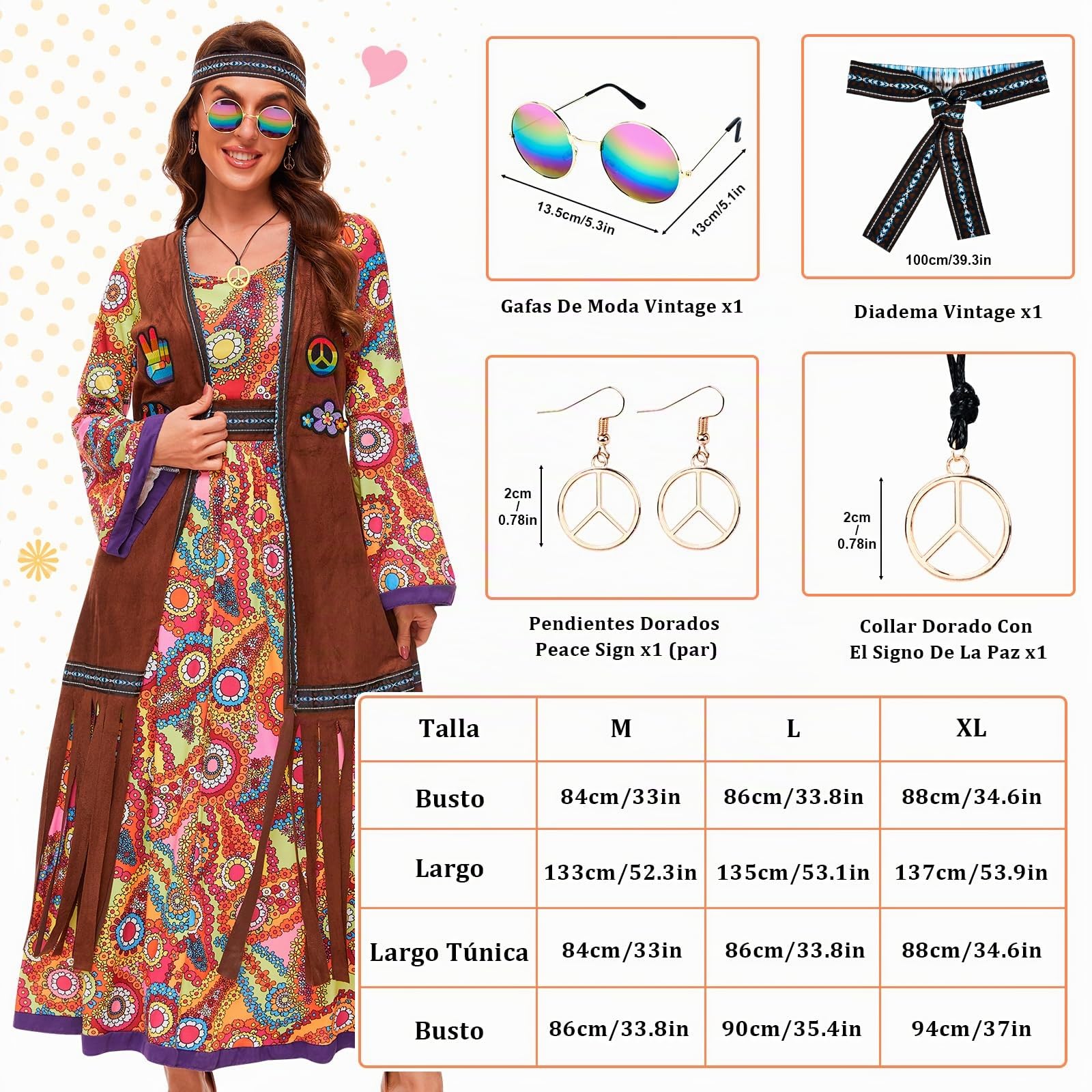 JONRRYIN Disfraz Hippie Mujer, Ropa De Los 70 Mujeres, 6 Piezas de Disfraz Hippie de los Años 60 para Mujer, Chaleco con Flecos, Pendientes, Diadema, Collar, Gafas de Sol