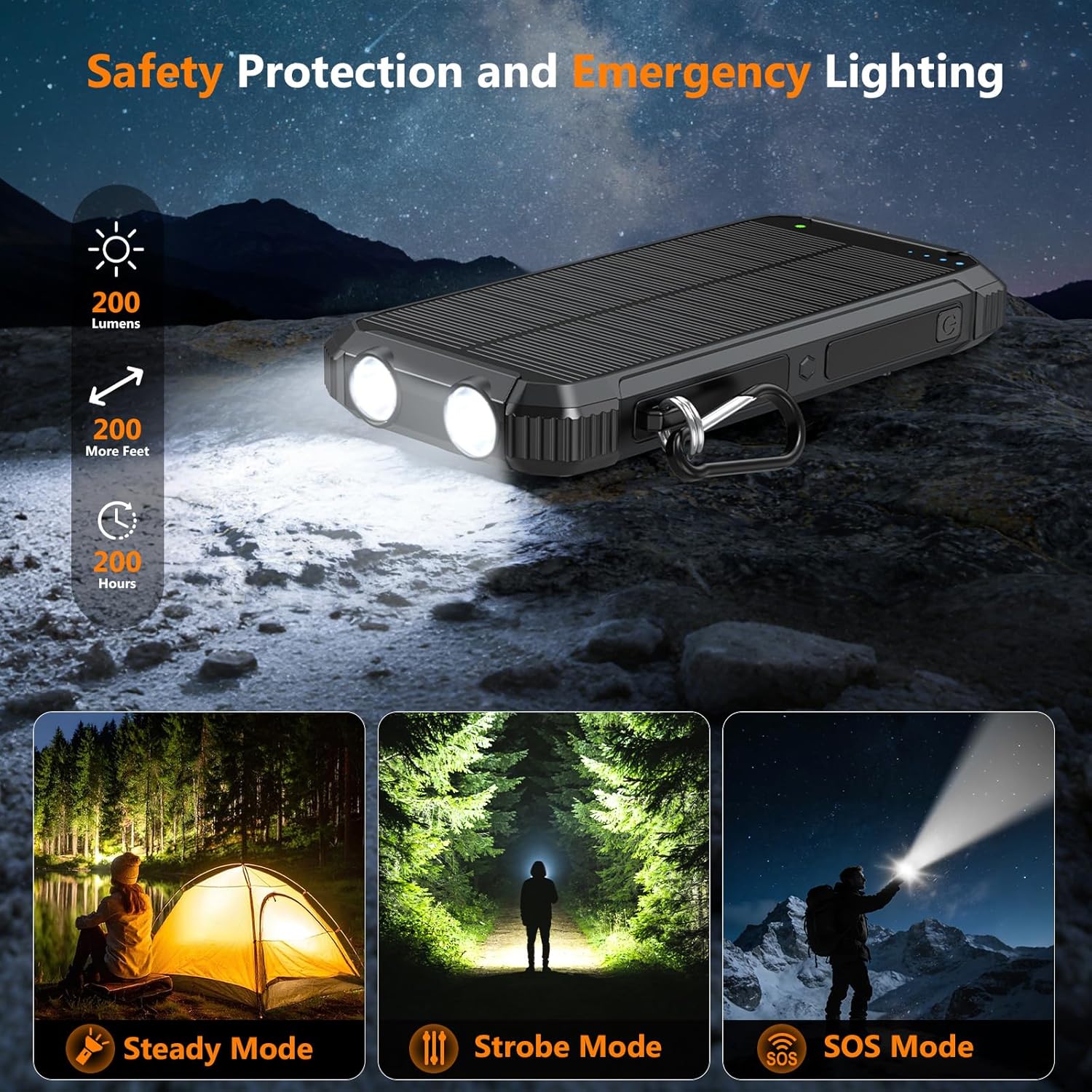 Solar Power Bank 20000mAh Wireless Portable Charger Built-in 3 Cables 15W USB-C Fast Charging Black Battery Pack Compatible with iPhone, Samsung, Emergency LED Flashlights Perfect for Camping, Hiking