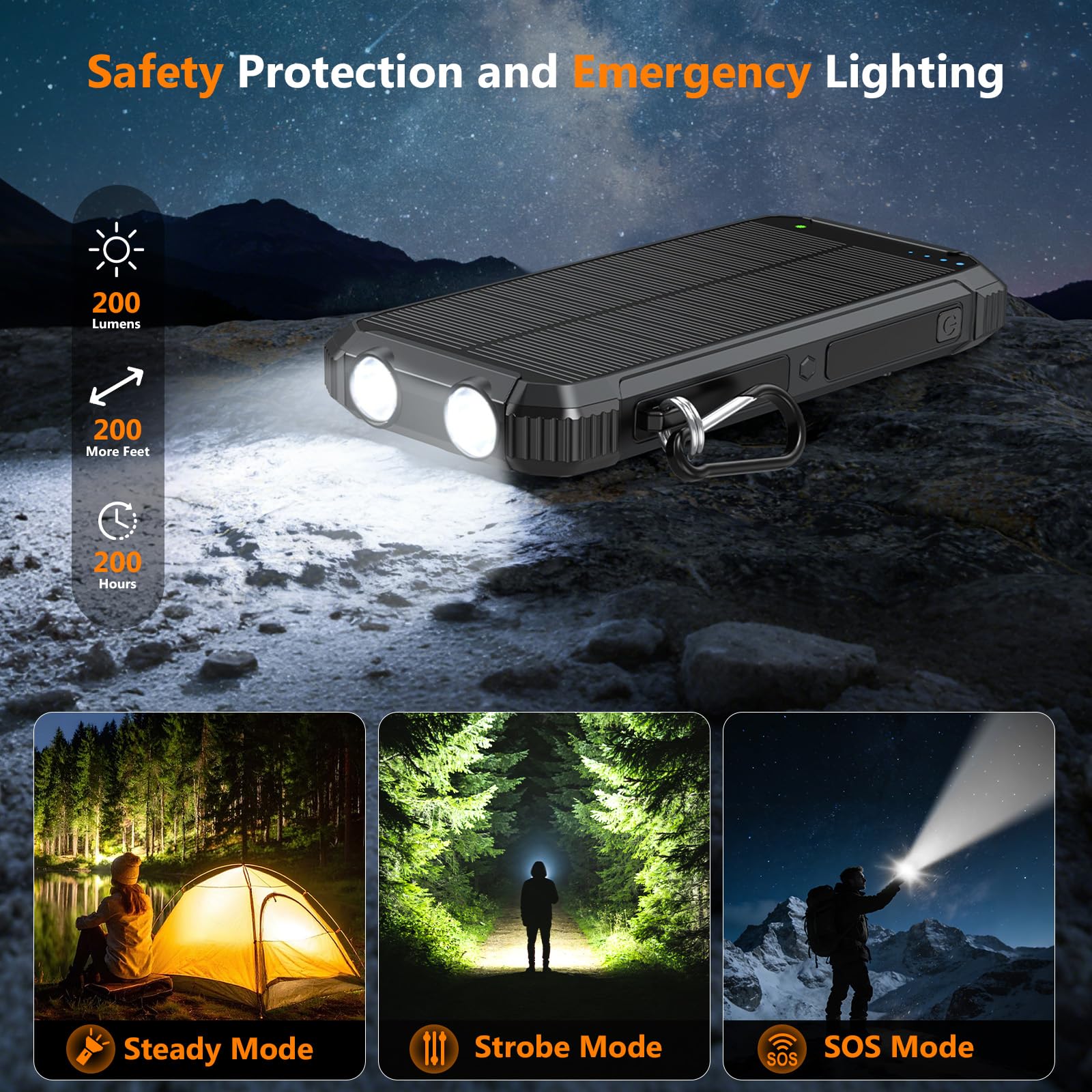 Cargador portátil inalámbrico de 20000 mAh, 3 cables integrados USB-C de 15 W, carga rápida, color negro, compatible con iPhone, Samsung, linternas LED de emergencia, perfectas para camping