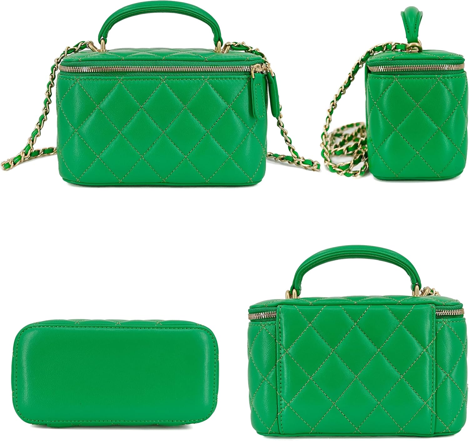 Small Genuine Leather Purse Quilted Crossbody Bag for Women, Mini Top-Handle Shoulder Handbag w/Gold Chain Strap - Image 3