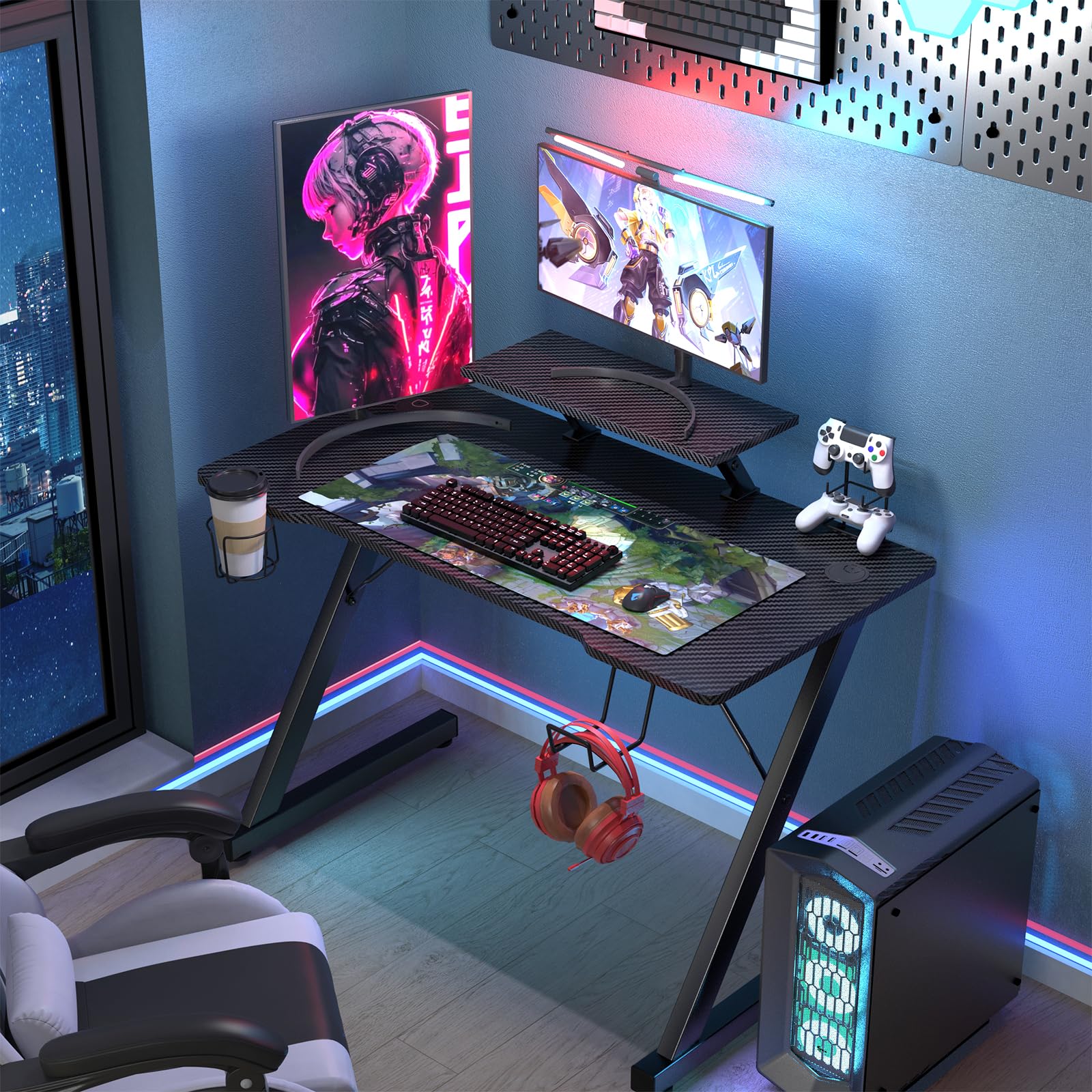 PIPIPOXER Mesa Gaming en Forma de Z 100x55x75cm, Escritorio Gaming con Soporte Monitor, Escritorio Gaming con Tablero de Fibra de Carbono, Gaming Desk para con Portavasos y Gancho para Auriculares