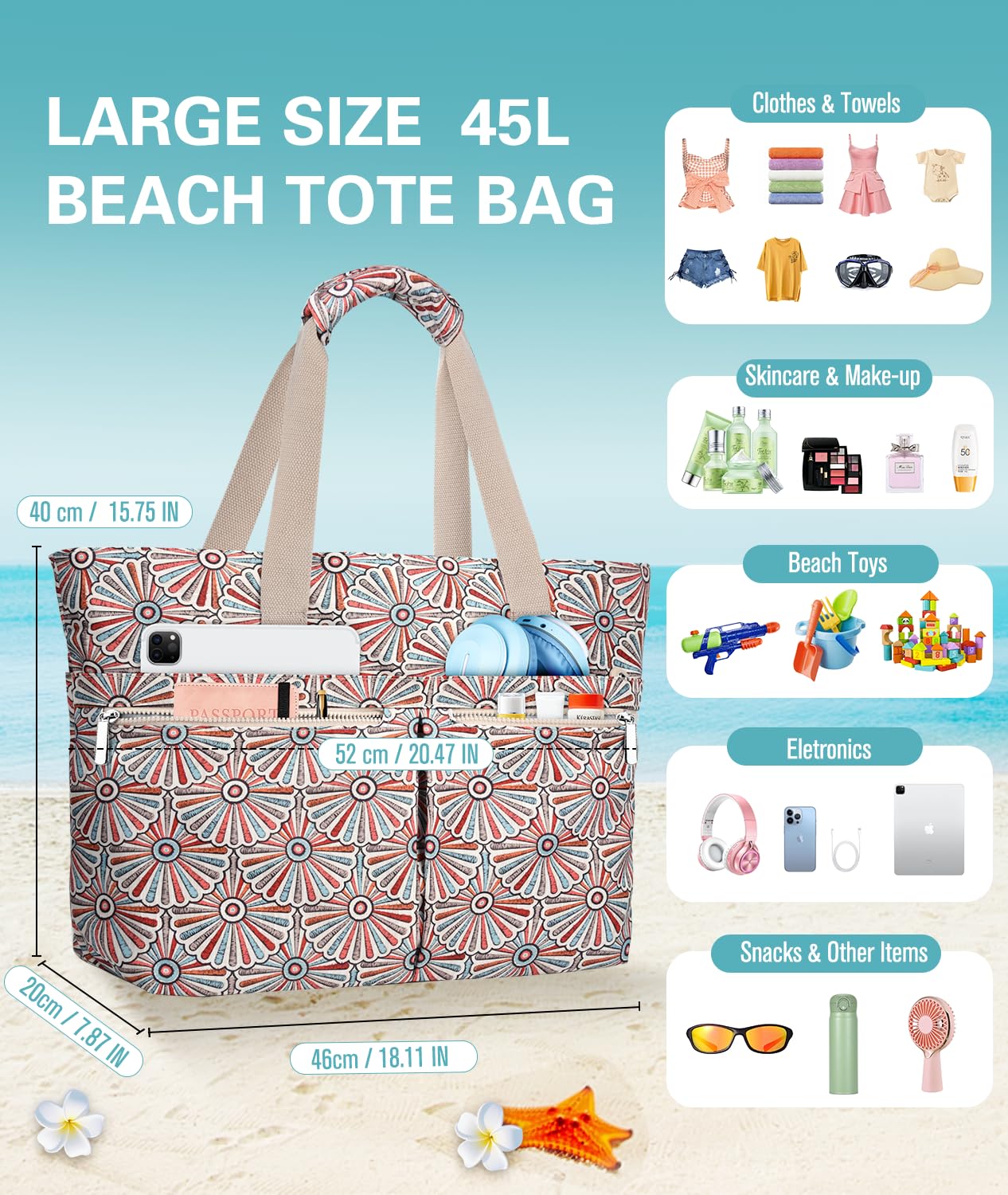 Strandtasche Damen mit Reissverschluss, Strandtasche Familie XXL Groß Shopper Tasche Beach Tote Bag Reisetasche Wasserdicht Badetasche mit Nassfach für Einkaufen Fitness Reisen