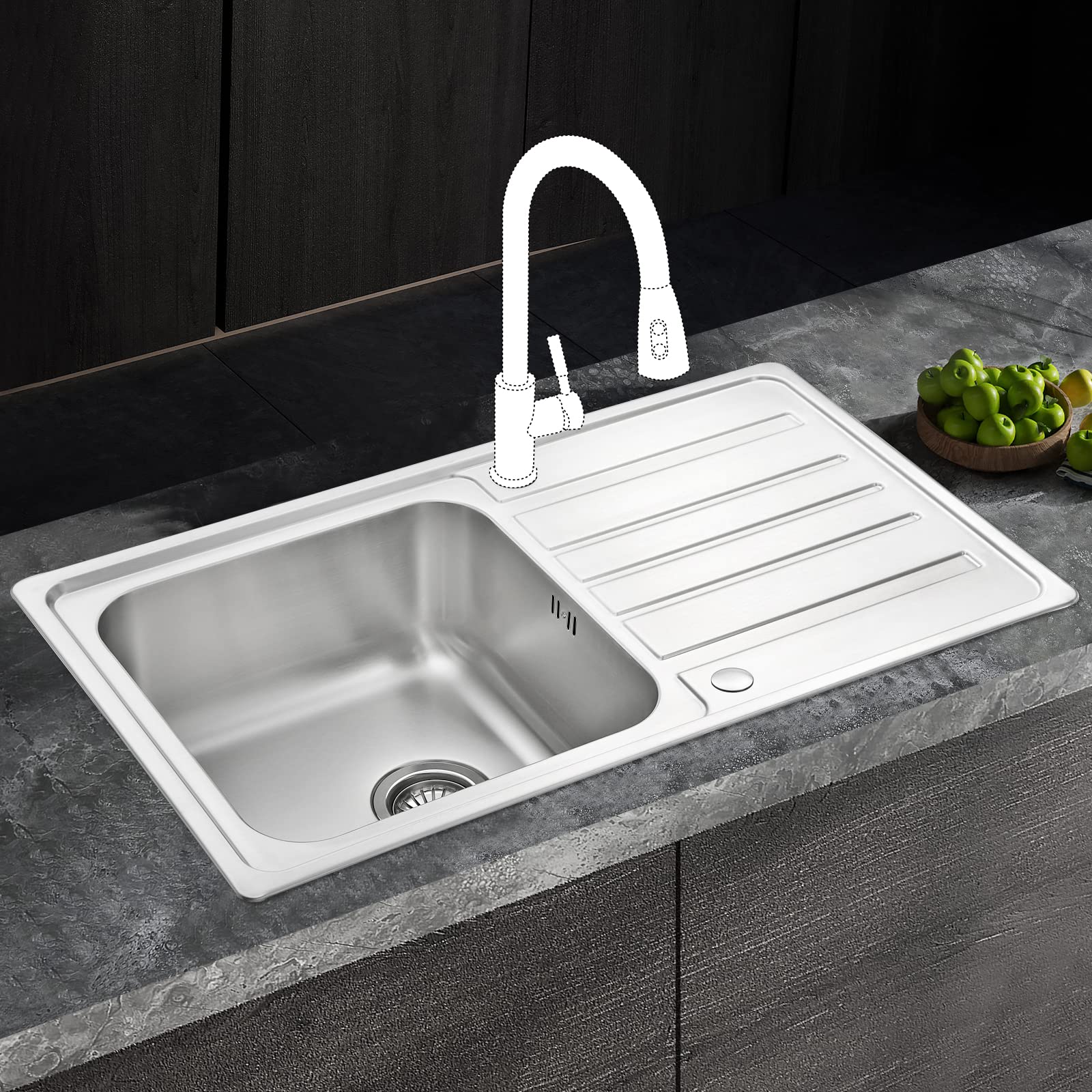 JASSFERRY Fregadero de cocina un seno, de Acero Inoxidable, escurridor reversible, con colador de residuos