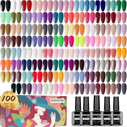JODSONE Kit de 100 esmaltes de uñas de gel que no se limpia y capa base y capa superior brillante mate, colecciones de esmaltes de gel, regalos para