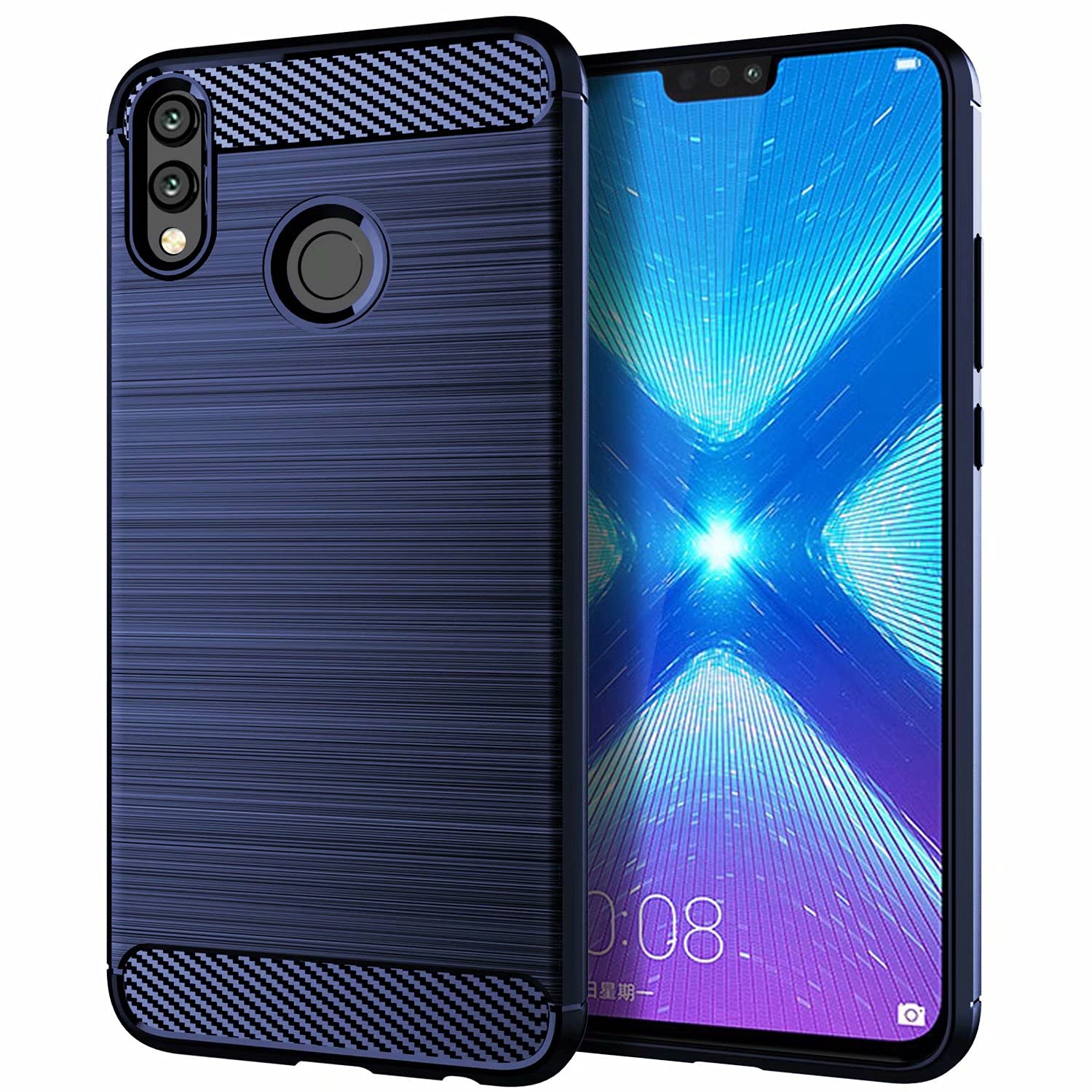 for Huawei Honor 8X Case Brushed Carbon Fiber Texture Style Ultra-thin TPU Soft rubber Anti-drop Protective Cover-Blue