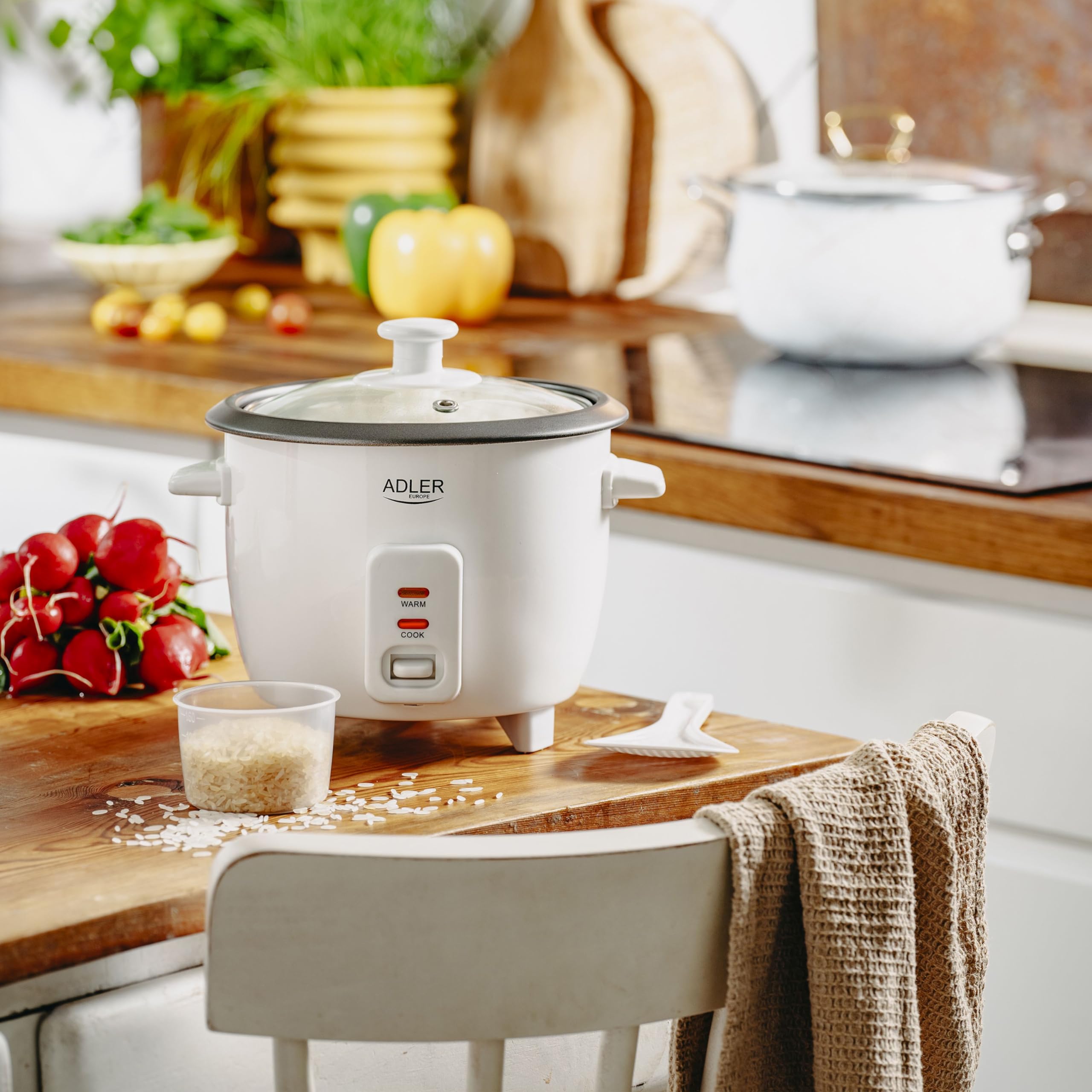 ADLER EUROPE Cuociriso 0,6 litri, funzione di mantenimento al caldo, pentola da giardino antiaderente, cucchiaio da riso e misurino, coperchio in vetro