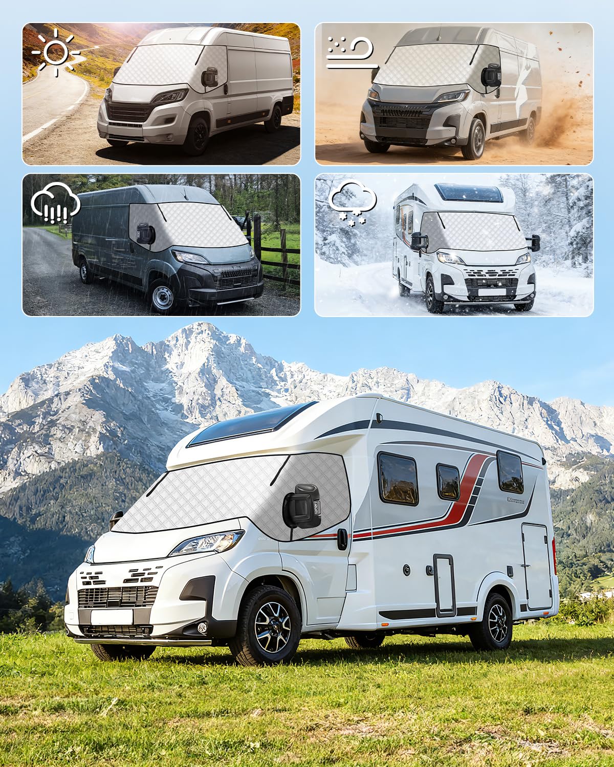 Pare Soleil Ducato Couverture de Pare-Brise Camping Car Thermique Isolation Ducato Impermeable avec Fermetures Éclair pour P-eugeot Boxer C-itroen Relay X250/290