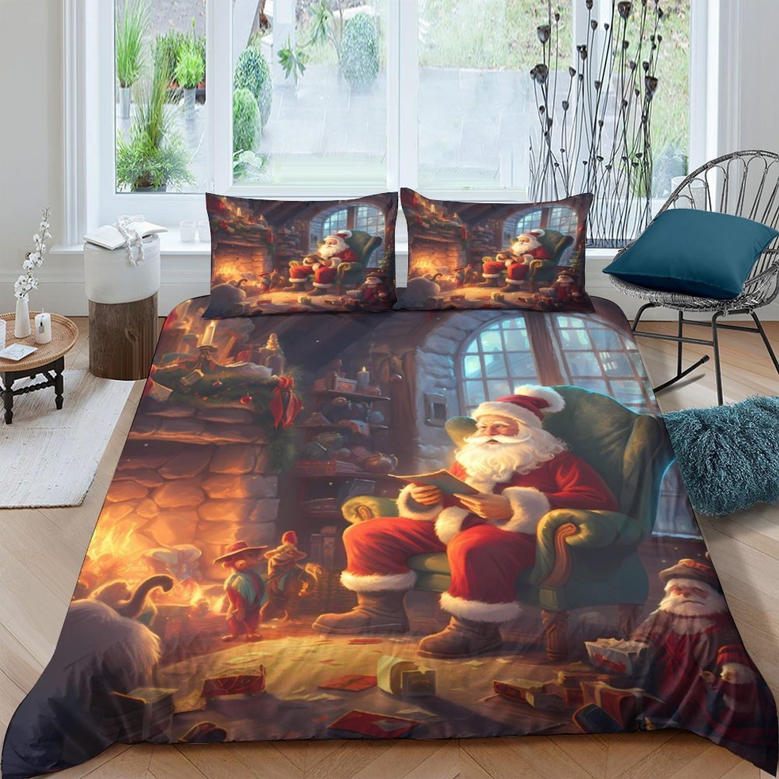 Ctjqhvkz Style-2 3D Printed Christmas Santa Fitted Sheet Microfiber Soft Festive Fireplace Bed Cover For Bedroom Dorm Mattress Decor Single（135X200cm）