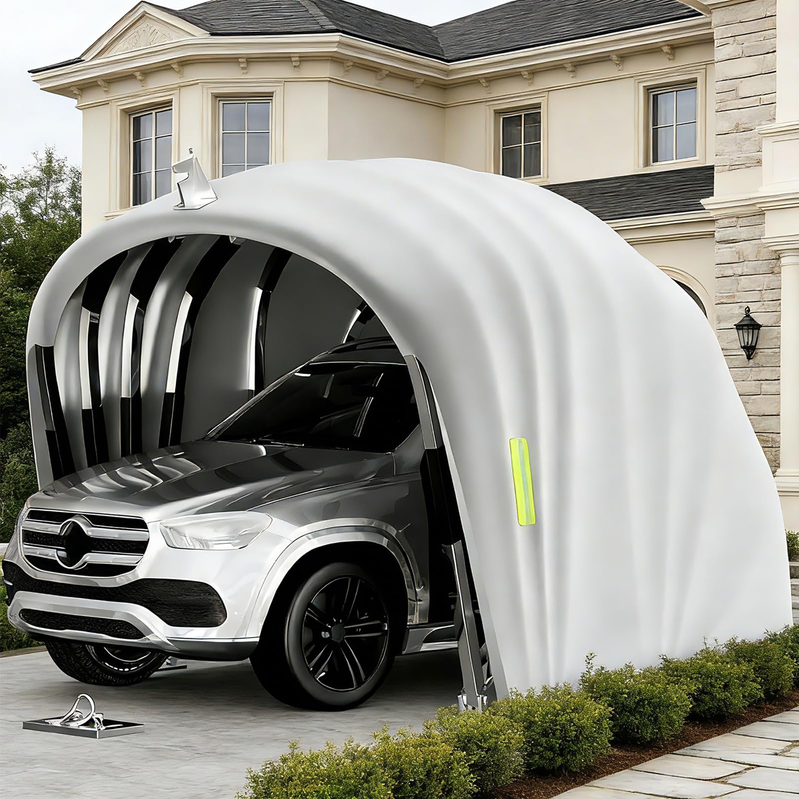 Abri de Voiture Semi-Automatique Pliable en Acier Inoxydable, Garage Mobile Extérieur L 5,9 × H 2.45 × W 2,7m, Carport Imperméable Anti-UV avec Verrou au Sol, Gris, pour Voitures SUV