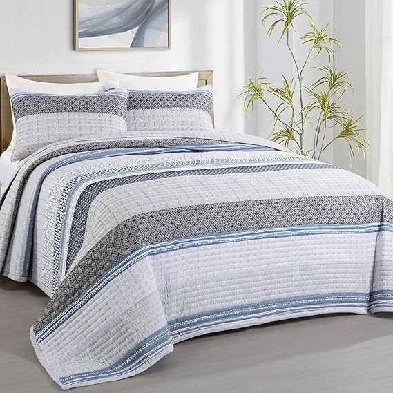 HOMBYS Stripe Oversized King Quilt Sets 128"x120", 3 Pieces