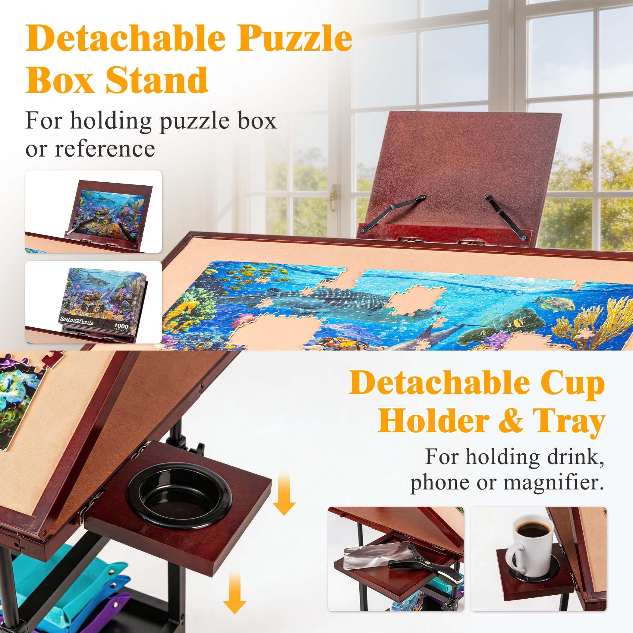 1500-teiliger Puzzletisch mit 5 Schubladen und Abdeckung, kippbare Puzzleplatte auf Rollen, 3 Neigungswinkel und Höhenverstellung, Getränkehalter und Halterung für Puzzlebox (schwarz)
