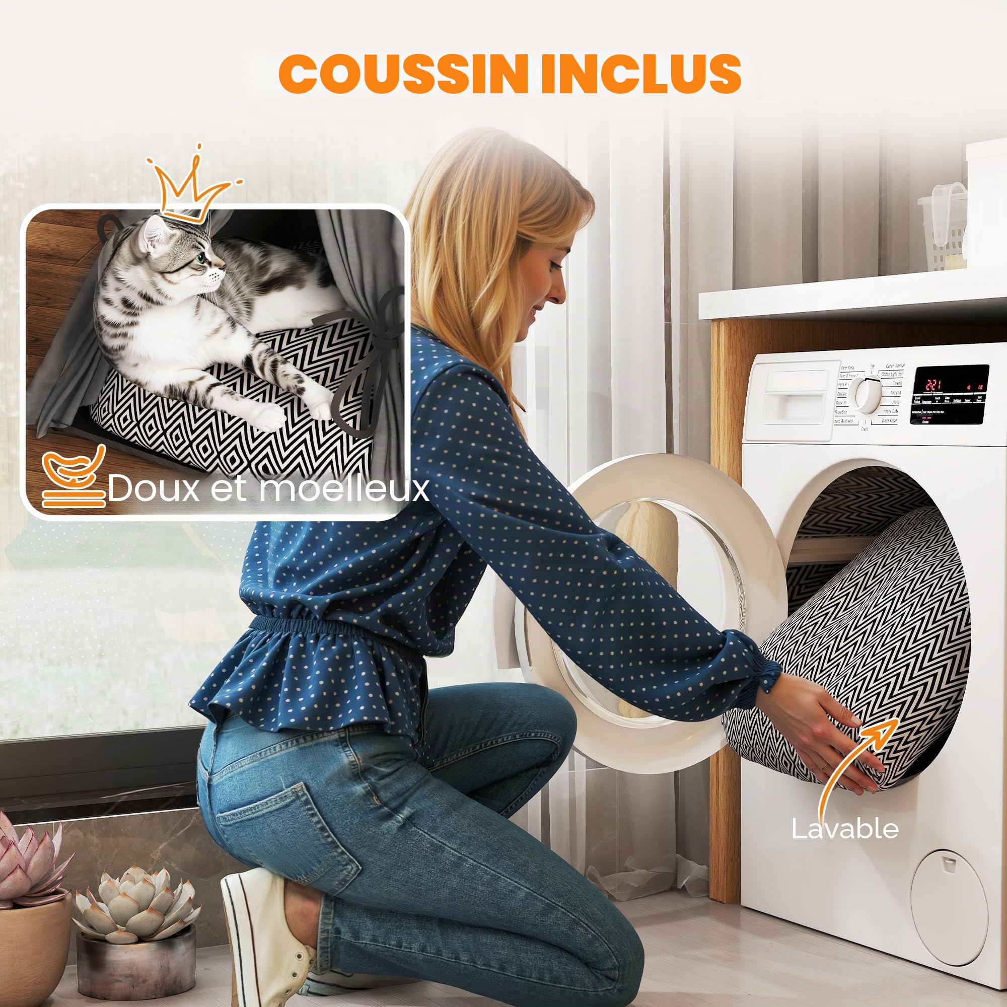 PawHut Tipi Tente pour Chats jusqu'à 5kg 60x60x76cm Gris | Tente chat avec coussin amovible lavable, fond antidérapant, balle, pour mini chiens