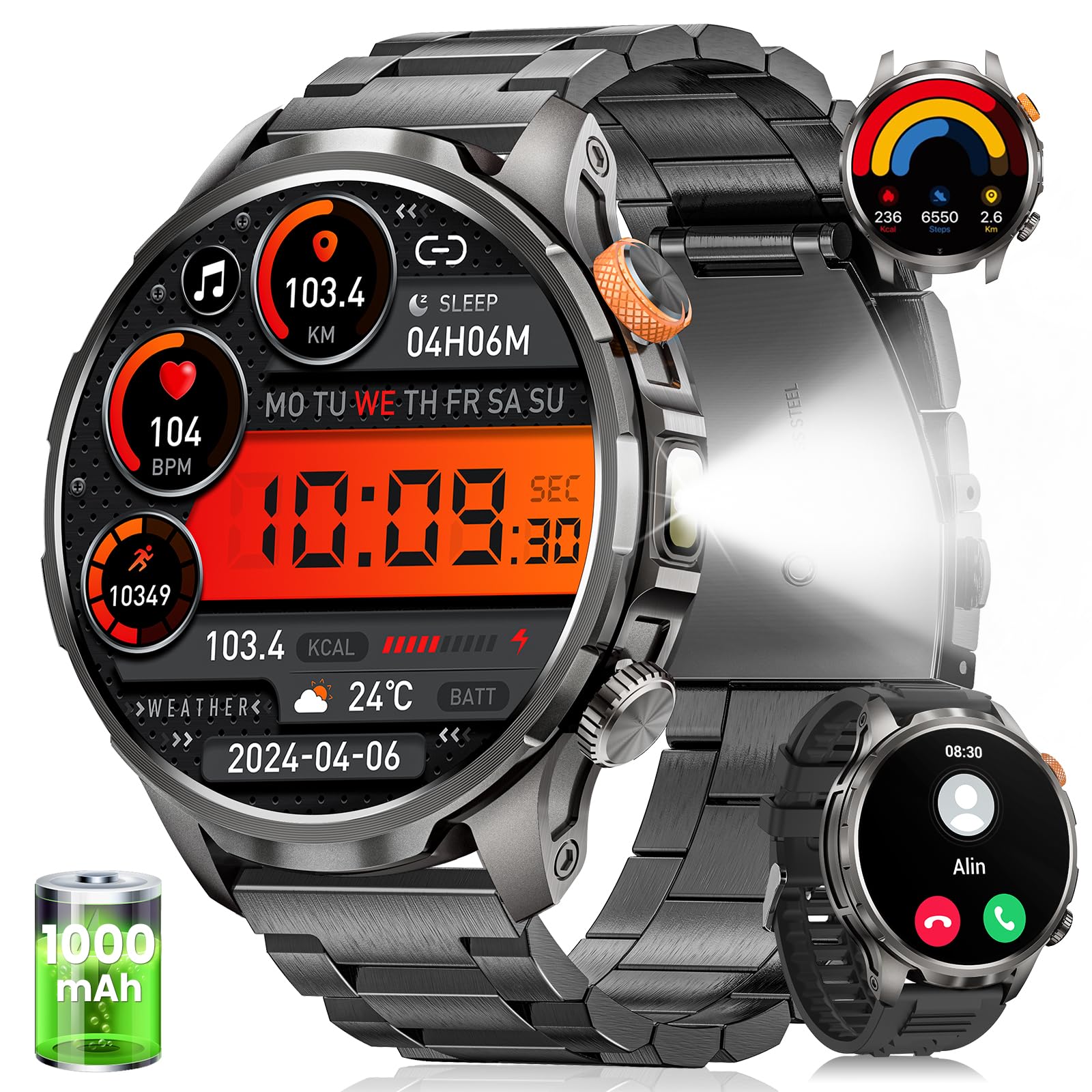Smartwatch Herren Militär mit 1000mAh und LED Taschenlampen, Schwarz | 1,91" AMOLED Display, 5ATM Wasserdicht, 110+ Sportmodi, Telefonfunktion, 24h Herzfrequenz, Schlaf, SpO2, Android iOS