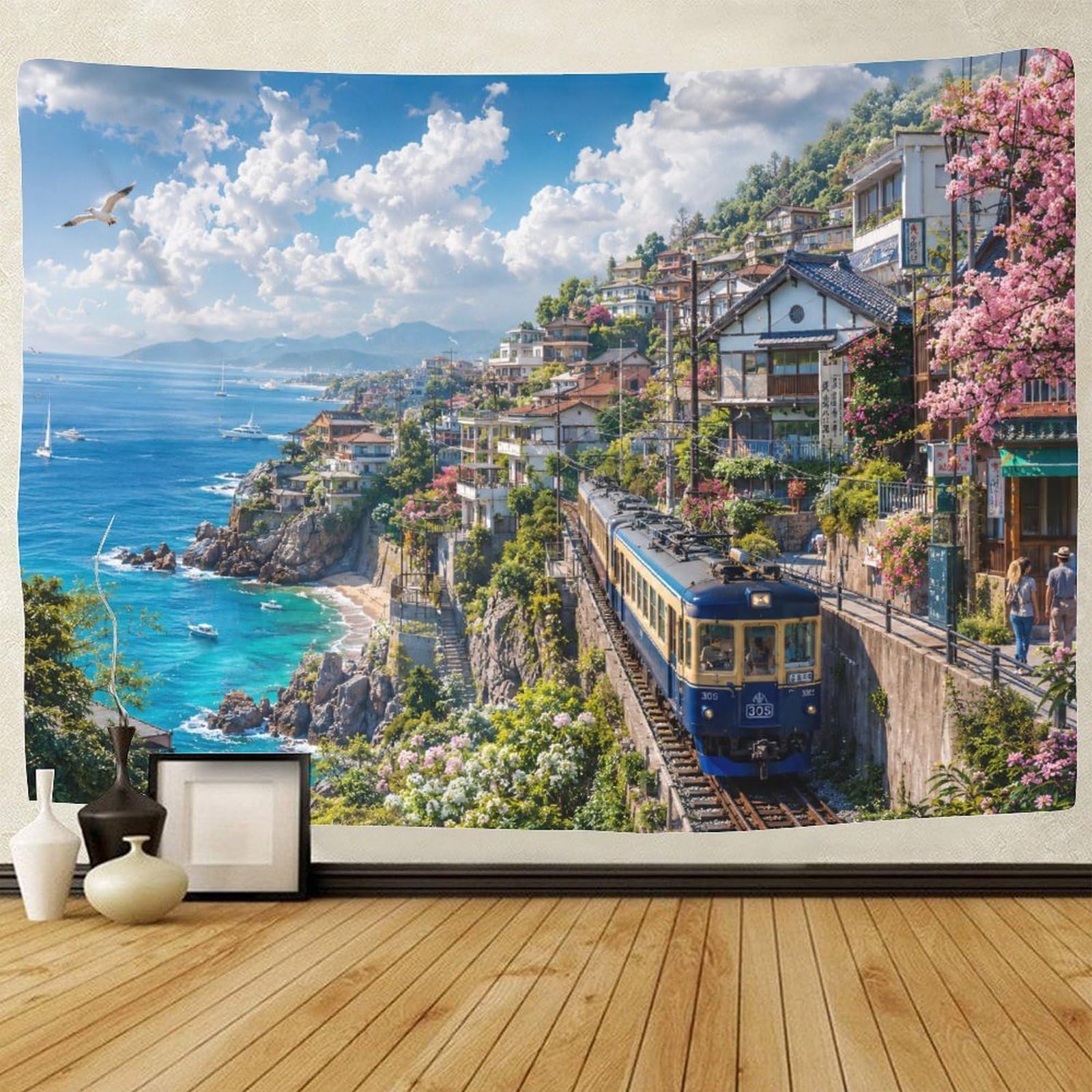 GPMNBCXZK Japanese Seaside Village Train 3D Print Wall Tapestry Wall Hanging Decor Tapestries Home Decoration Curtain Living Room College Dorm 180cmx230cm