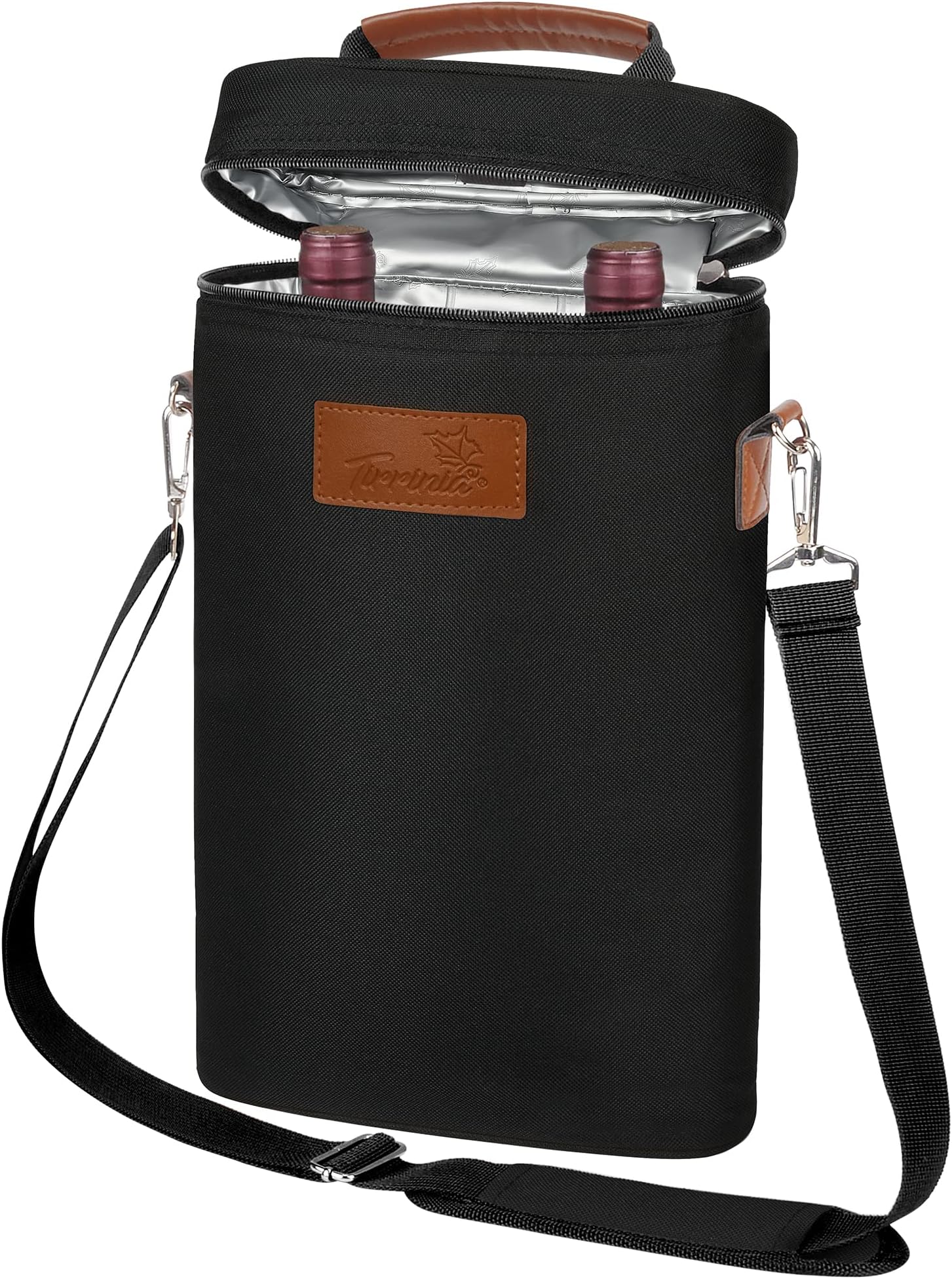Tirrinia (Black) - Kato Insulated Wine Tote Bag - 2 Bottle Travel Padded Wine/ Champagne Cooler Carrier with Handle and Shoulder Strap, Great Wine Lover Gift, Black