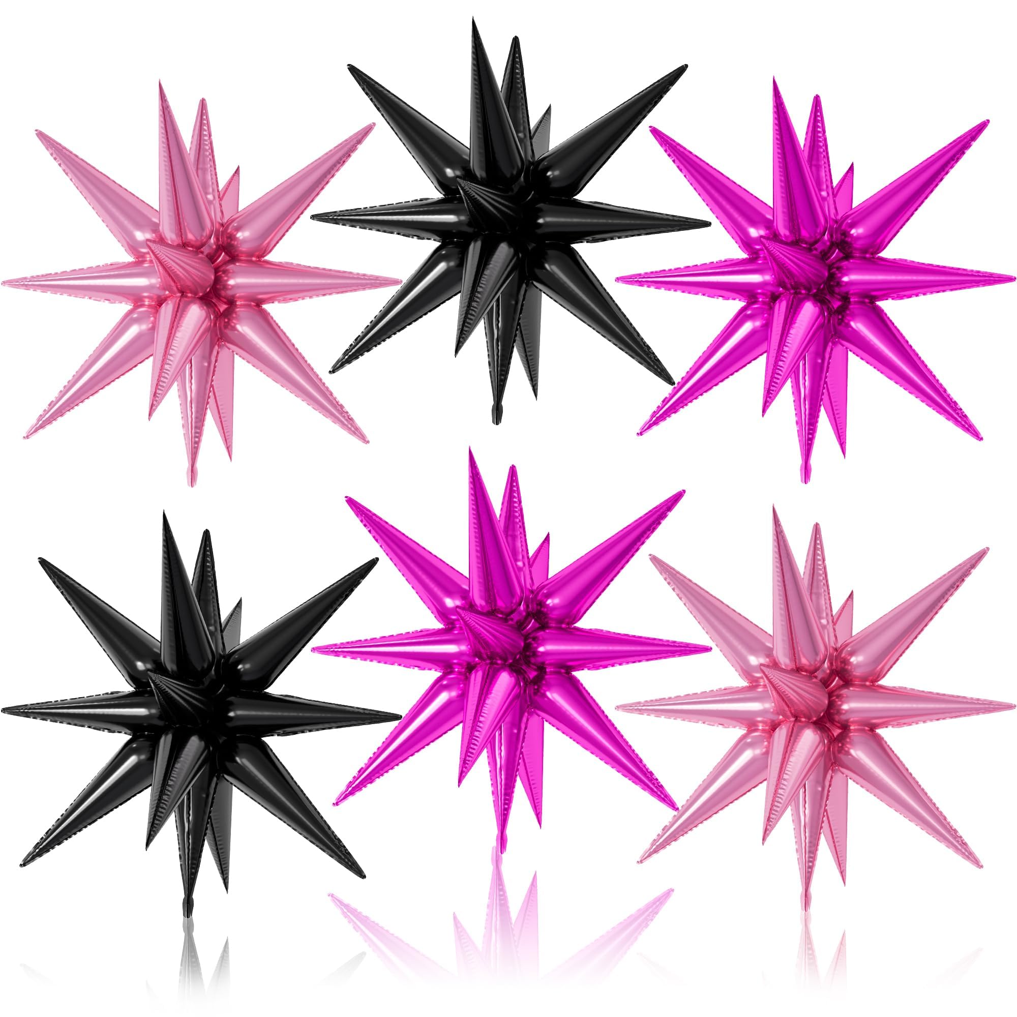 6PCS Star Balloons, 22Inch Large Black Pink Star Balloon Explosion Foil Balloons Cone Spike Balloon for Birthday Graduation Wedding Anniversary Party