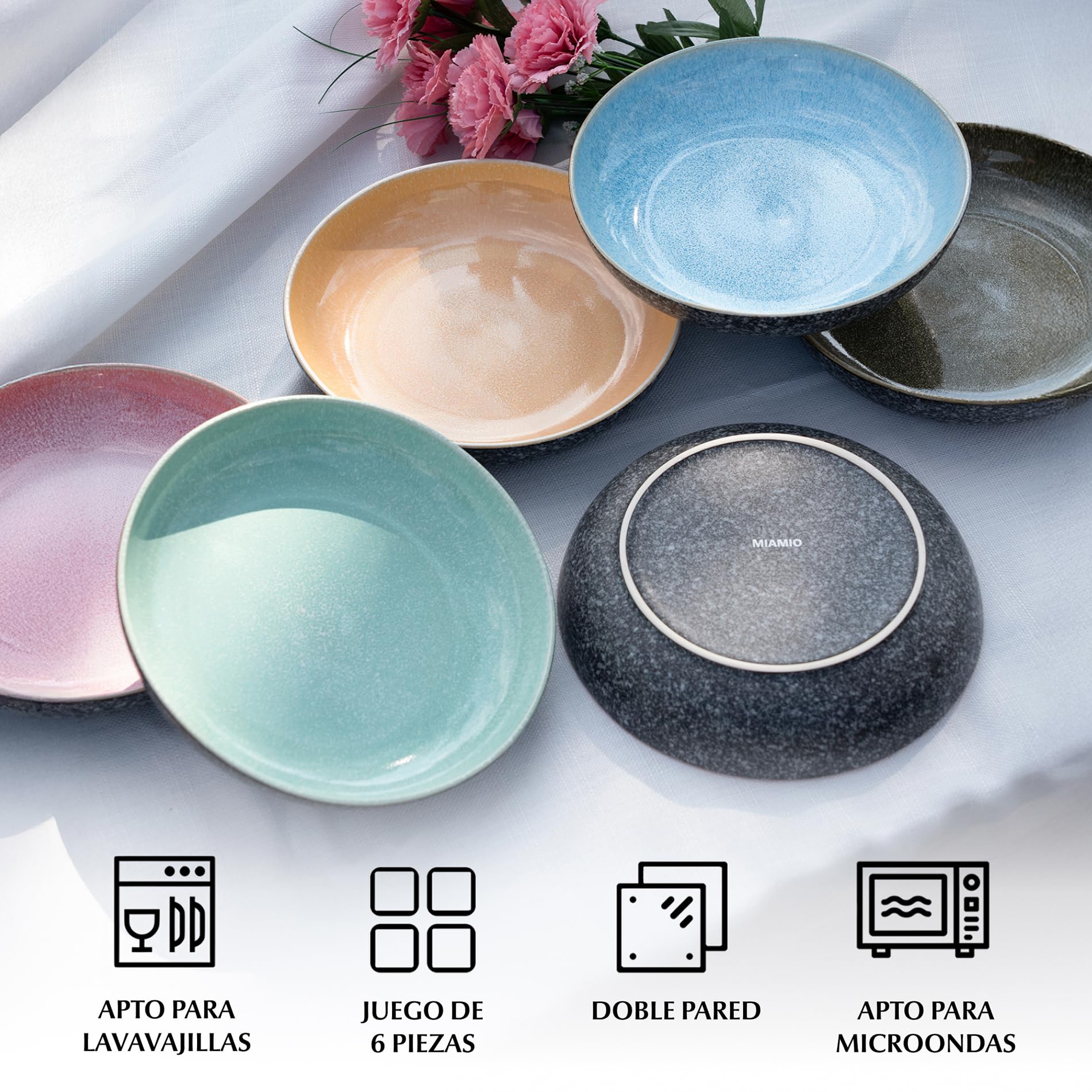MIAMIO - Set de 6 Platos para Sopa (850 ml) / Cuencos para Pasta, Cuencos Coloridos para Pasta, Ensalada, Sopa, Espaguetis/Cuencos Aptos para Microondas y Lavavajillas - Colección Las Palmitas
